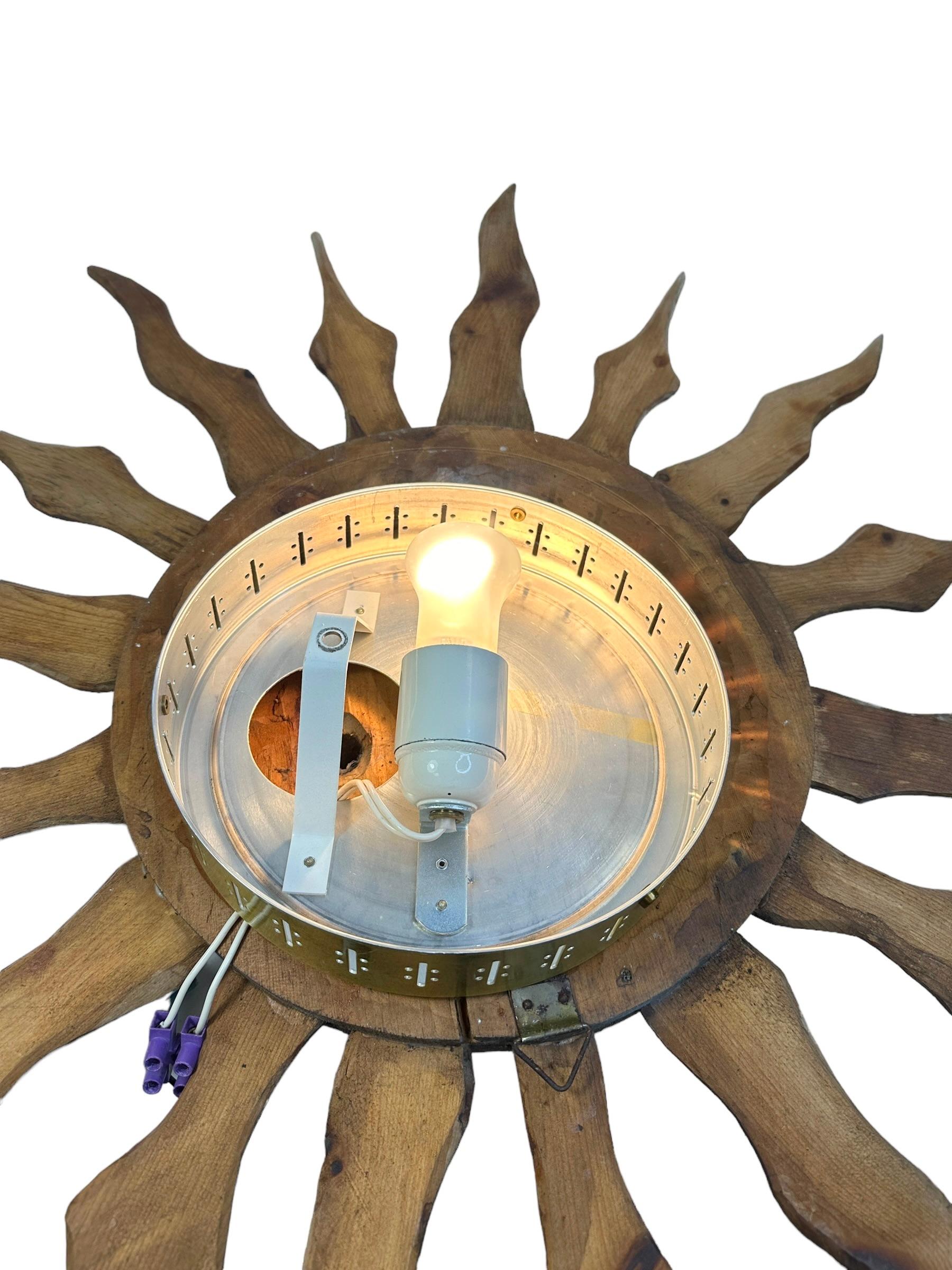 Stunning Wood Carved Sun Face Sunburst Wall Light Sculpture 1950s For Sale 10