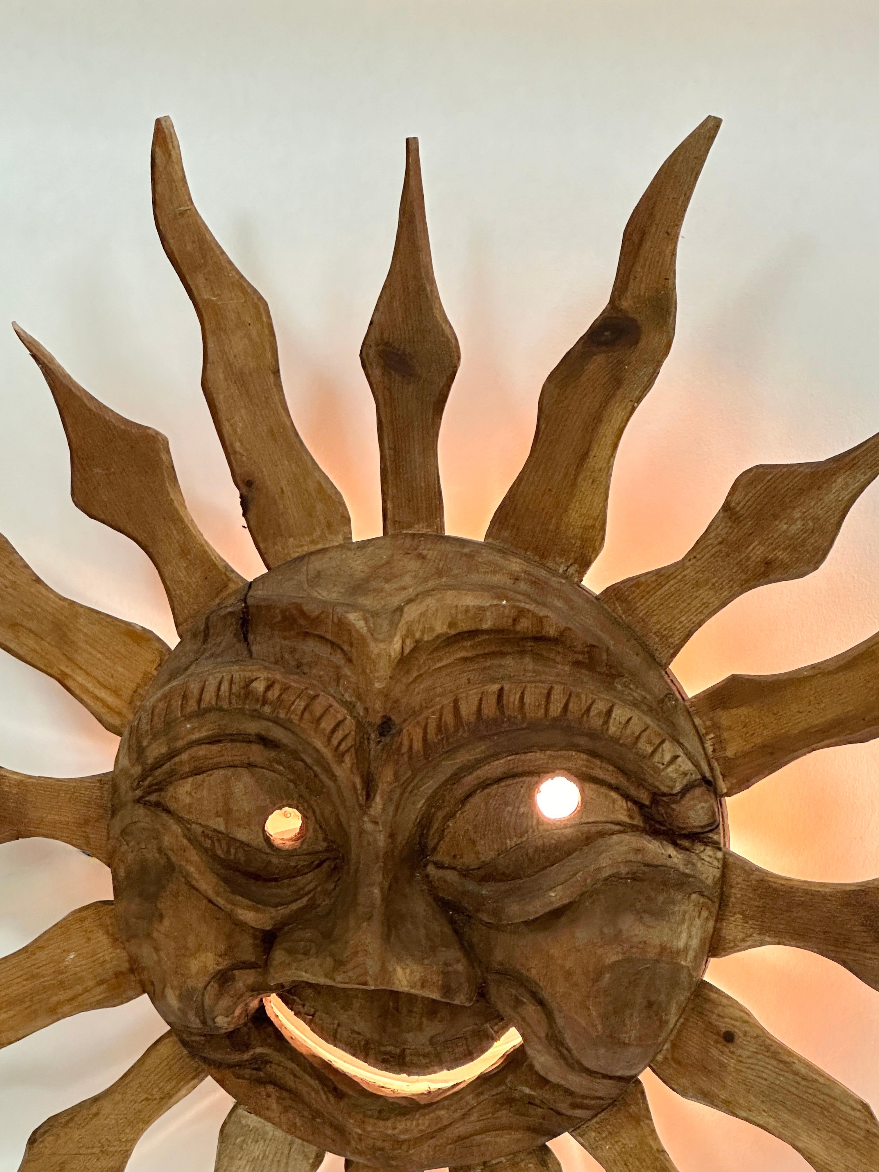 Metal Stunning Wood Carved Sun Face Sunburst Wall Light Sculpture 1950s For Sale