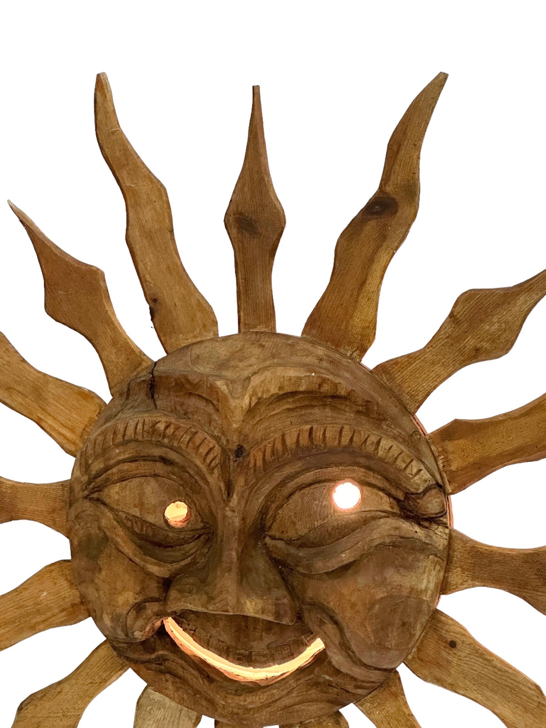 Stunning Wood Carved Sun Face Sunburst Wall Light Sculpture 1950s For Sale 1