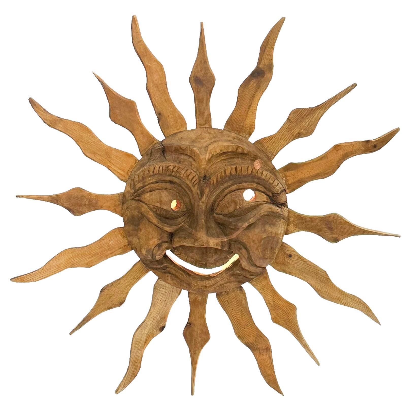 Stunning Wood Carved Sun Face Sunburst Wall Light Sculpture 1950s For Sale