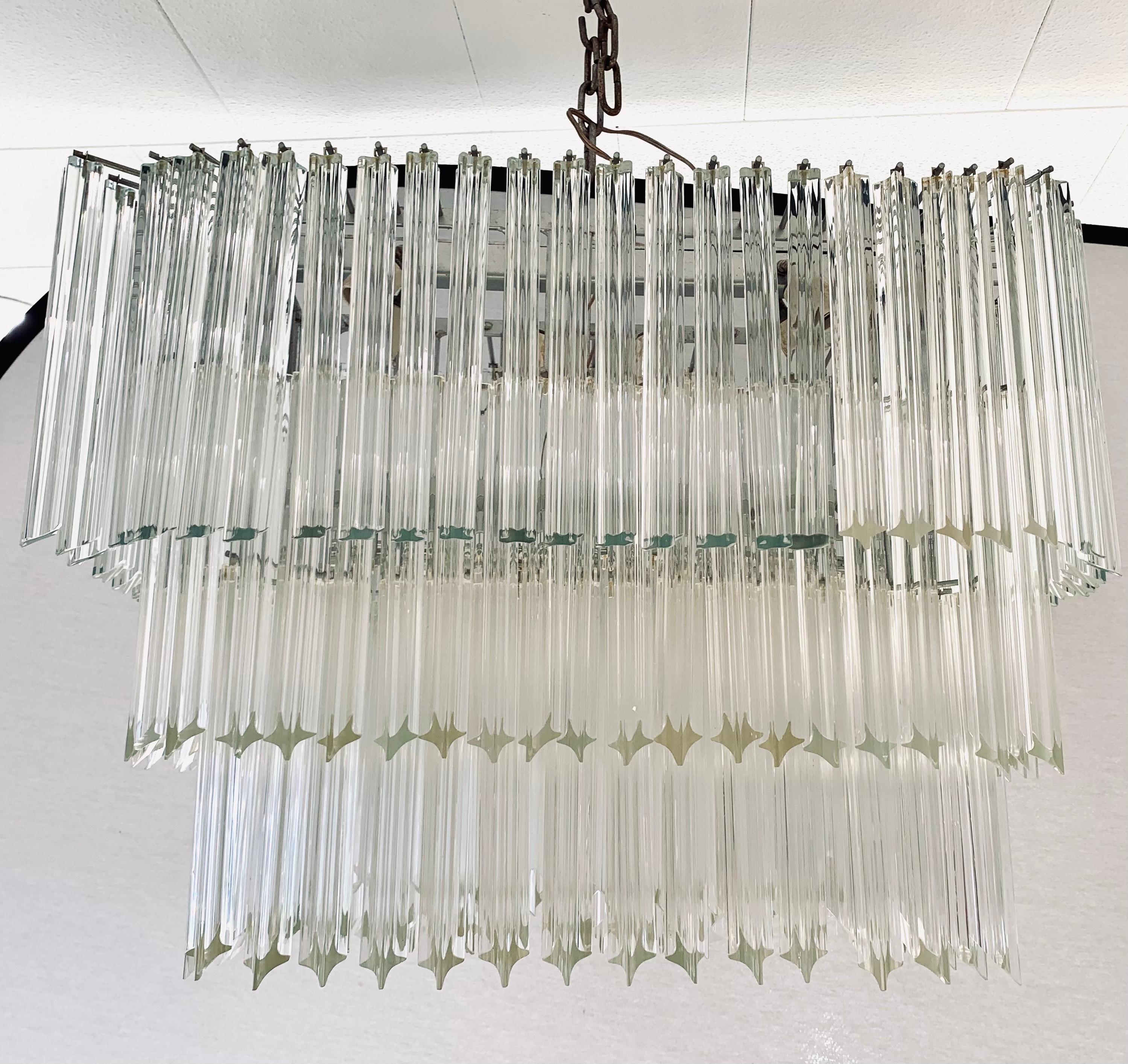 Mid-Century Modern Stunning XL Camer Glass Venini Murano Glass Rectagular Tiered Chandelier For Sale