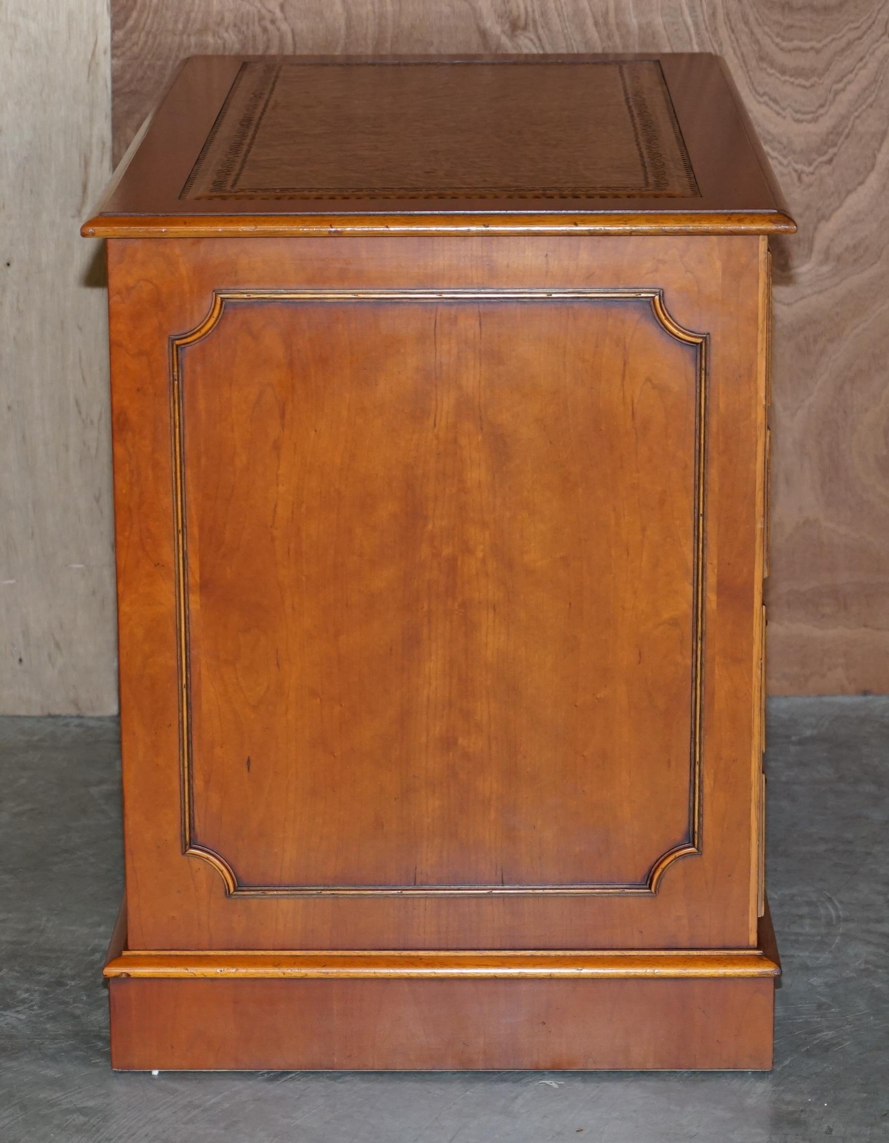 Stunning Yew Wood Brown Leather Double Filing Cabinet for at Home Office Study 4