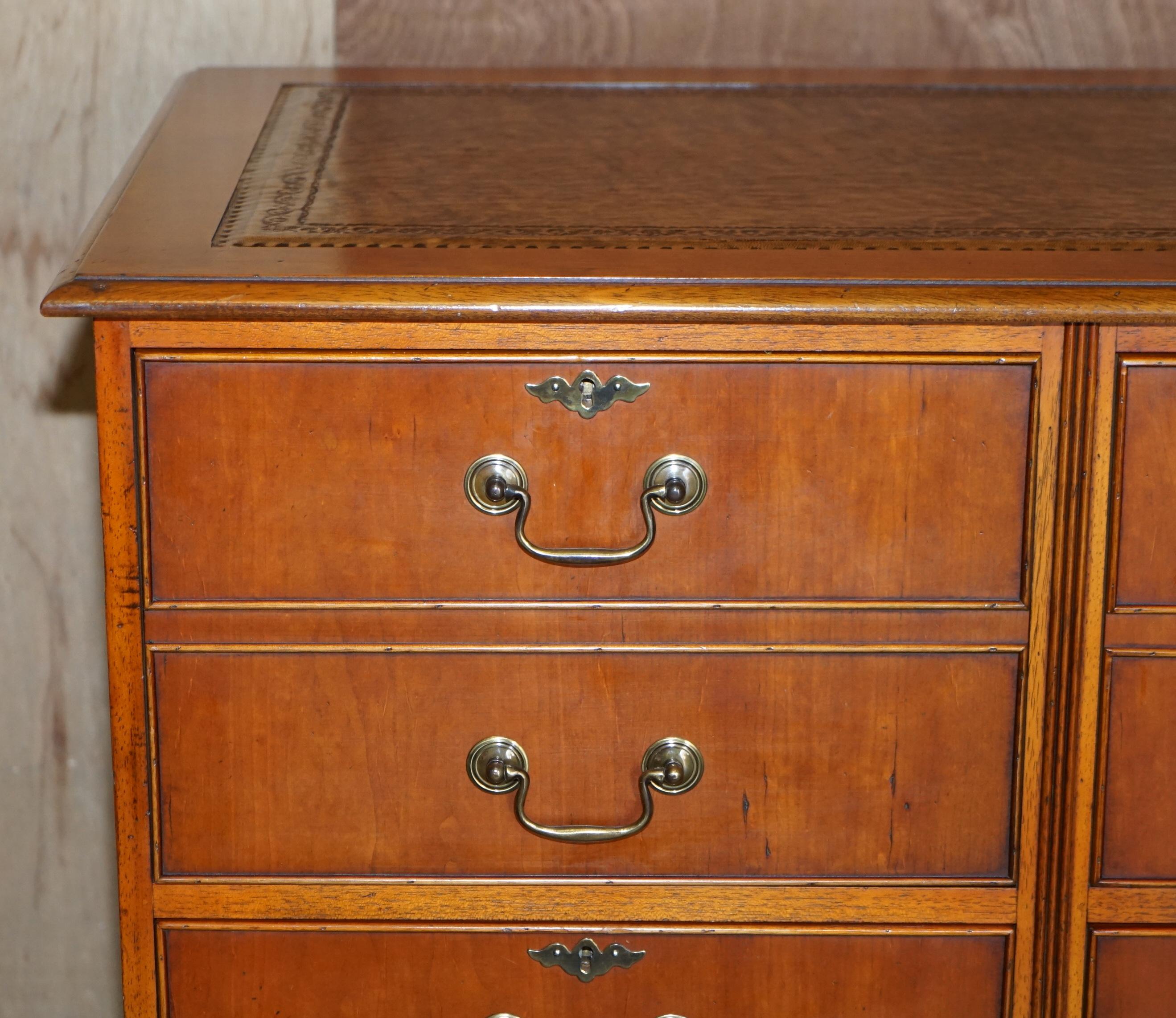 Art Deco Stunning Yew Wood Brown Leather Double Filing Cabinet for at Home Office Study