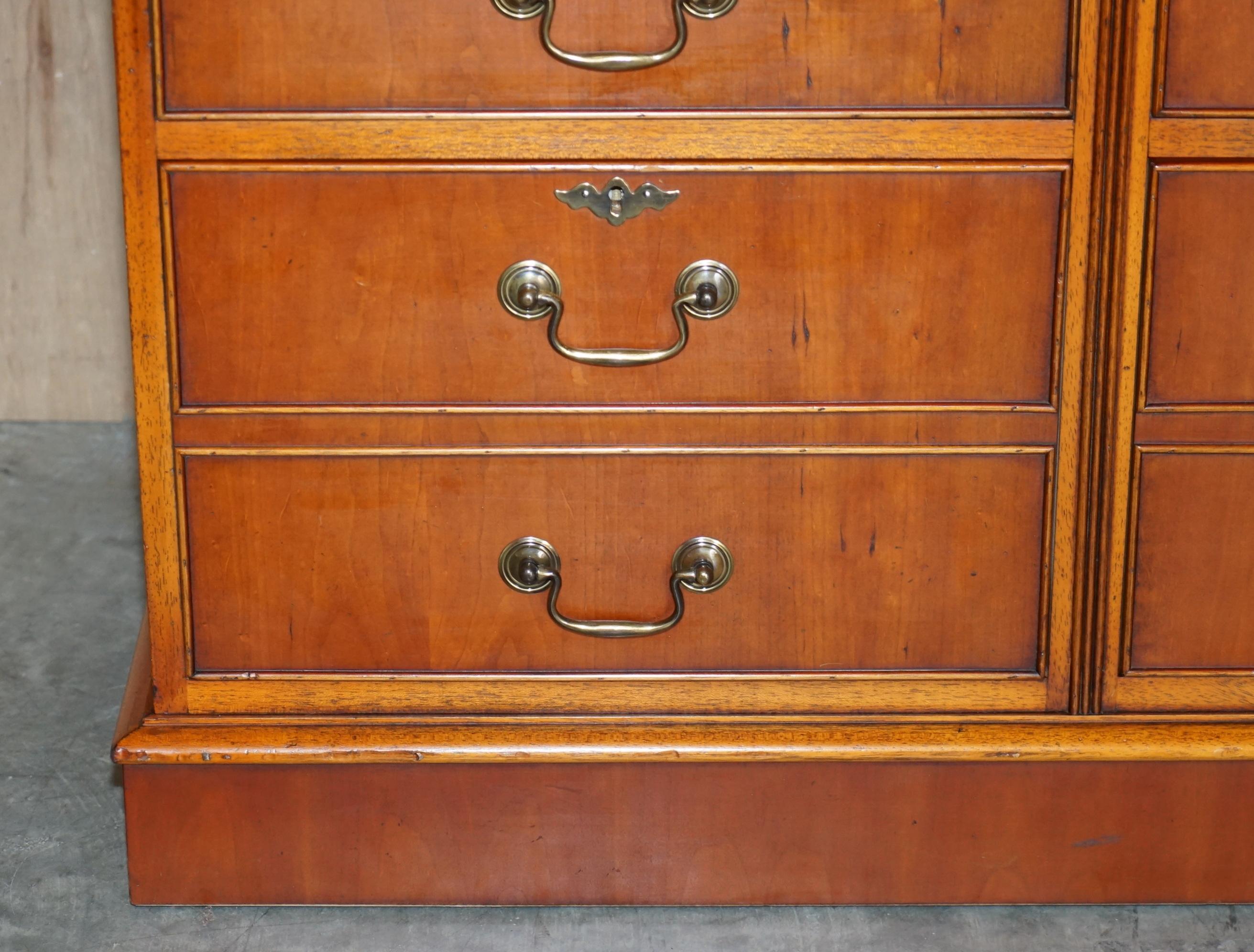 English Stunning Yew Wood Brown Leather Double Filing Cabinet for at Home Office Study