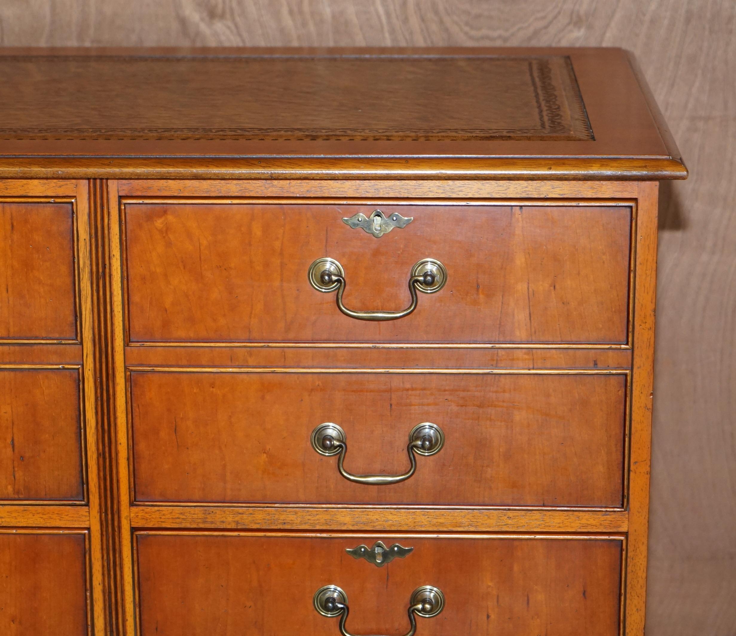 Hand-Crafted Stunning Yew Wood Brown Leather Double Filing Cabinet for at Home Office Study