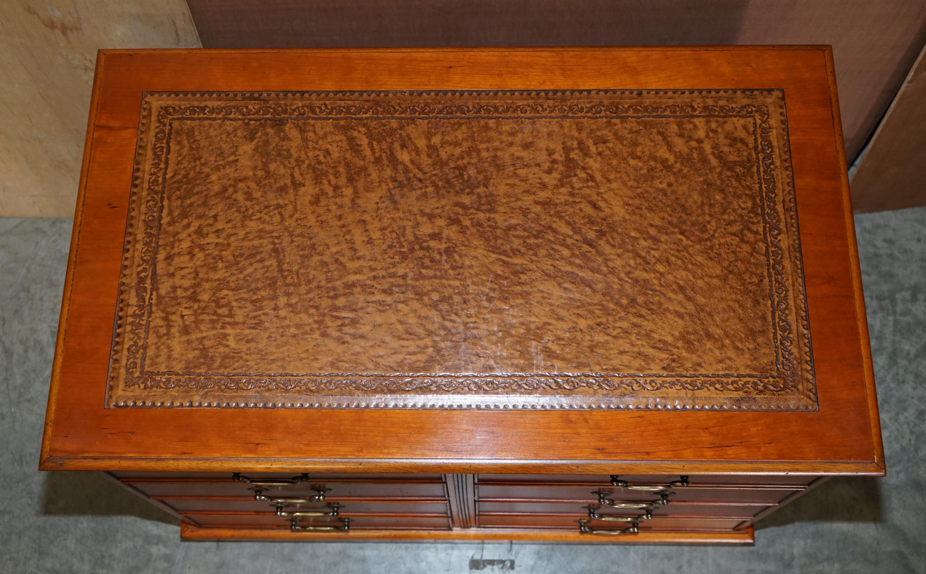 Stunning Yew Wood Brown Leather Double Filing Cabinet for at Home Office Study 1