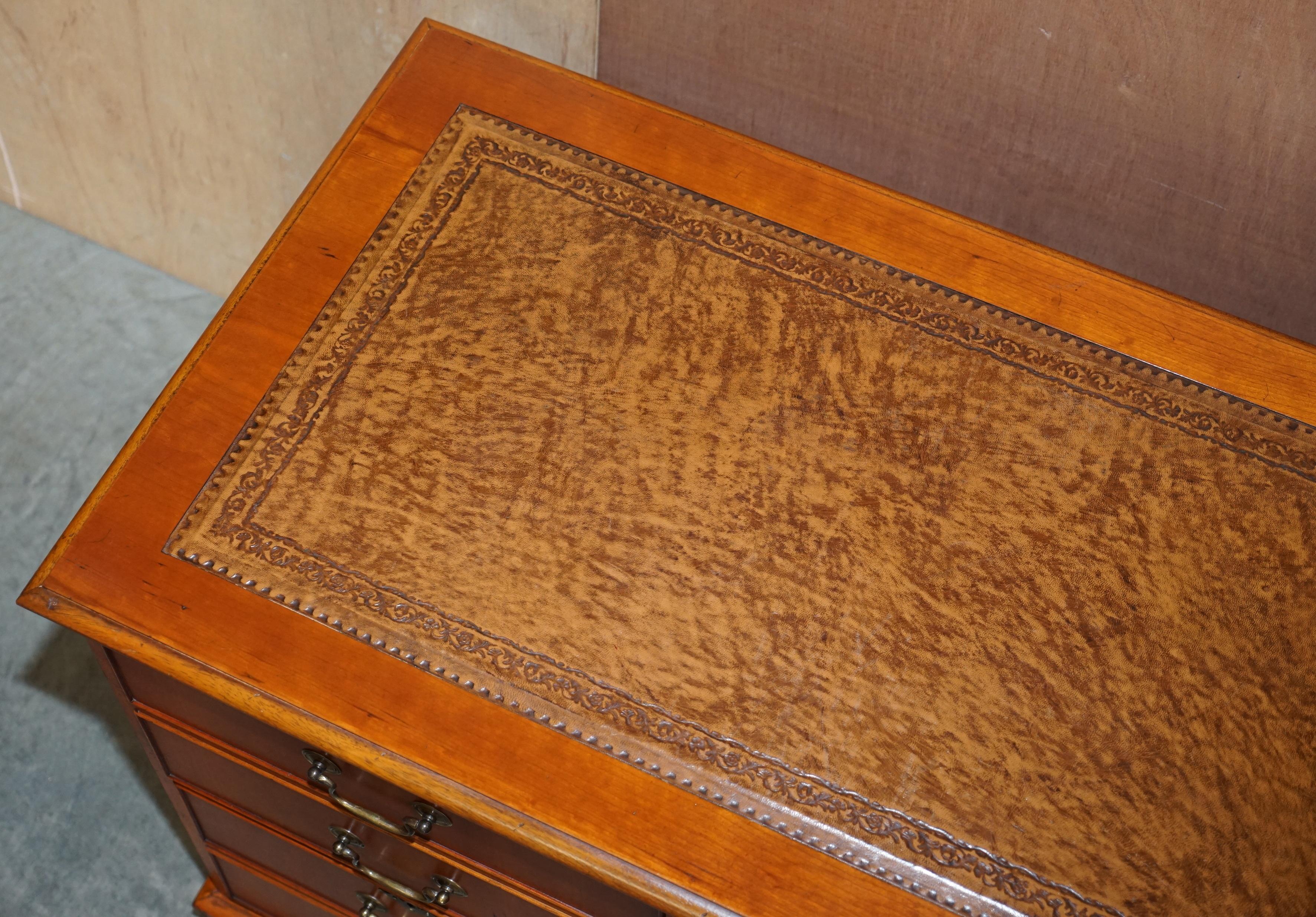 Stunning Yew Wood Brown Leather Double Filing Cabinet for at Home Office Study 2
