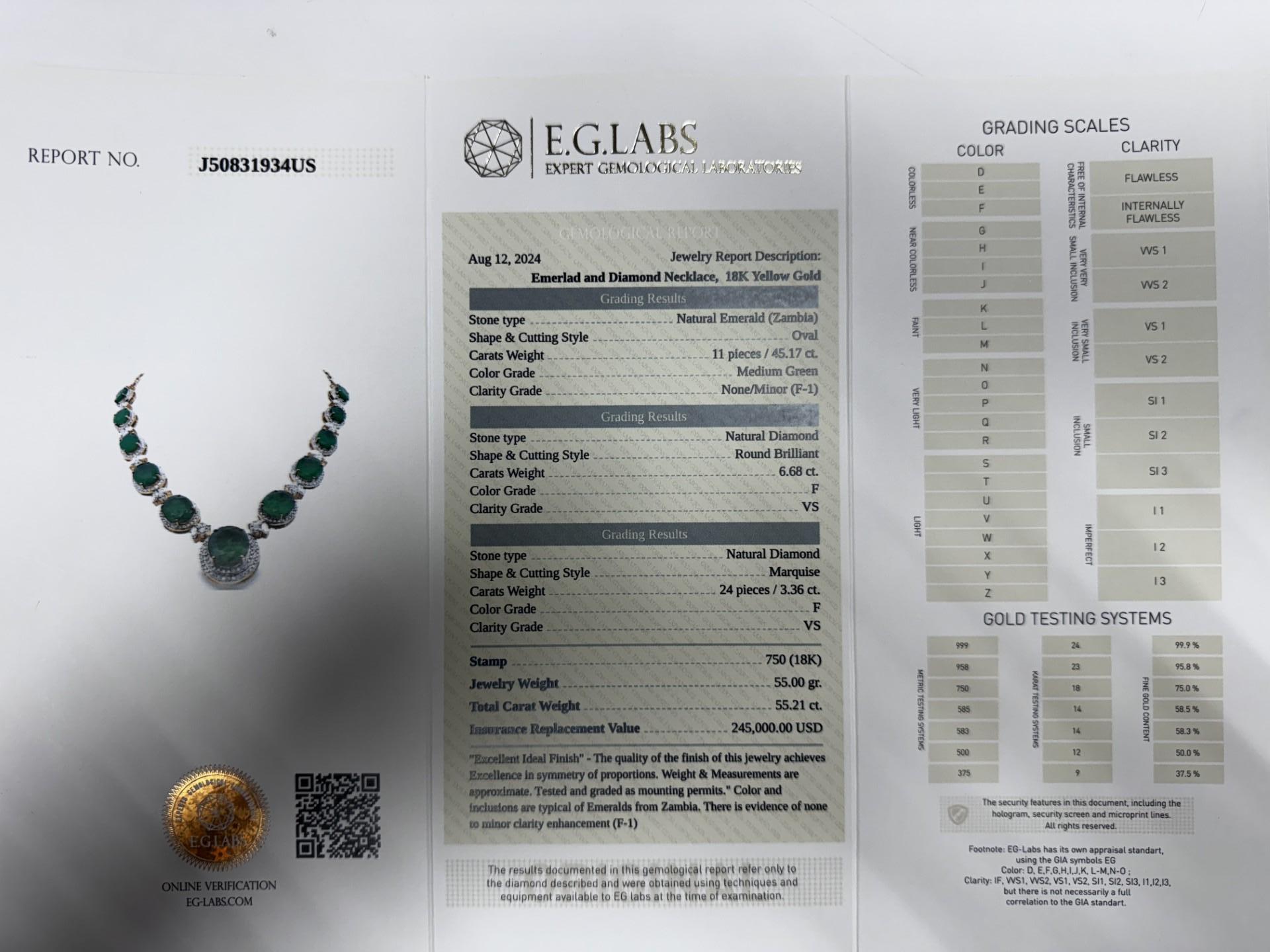 Taille émeraude Collier de diamants et émeraudes de Zambie en or jaune 18 carats en vente