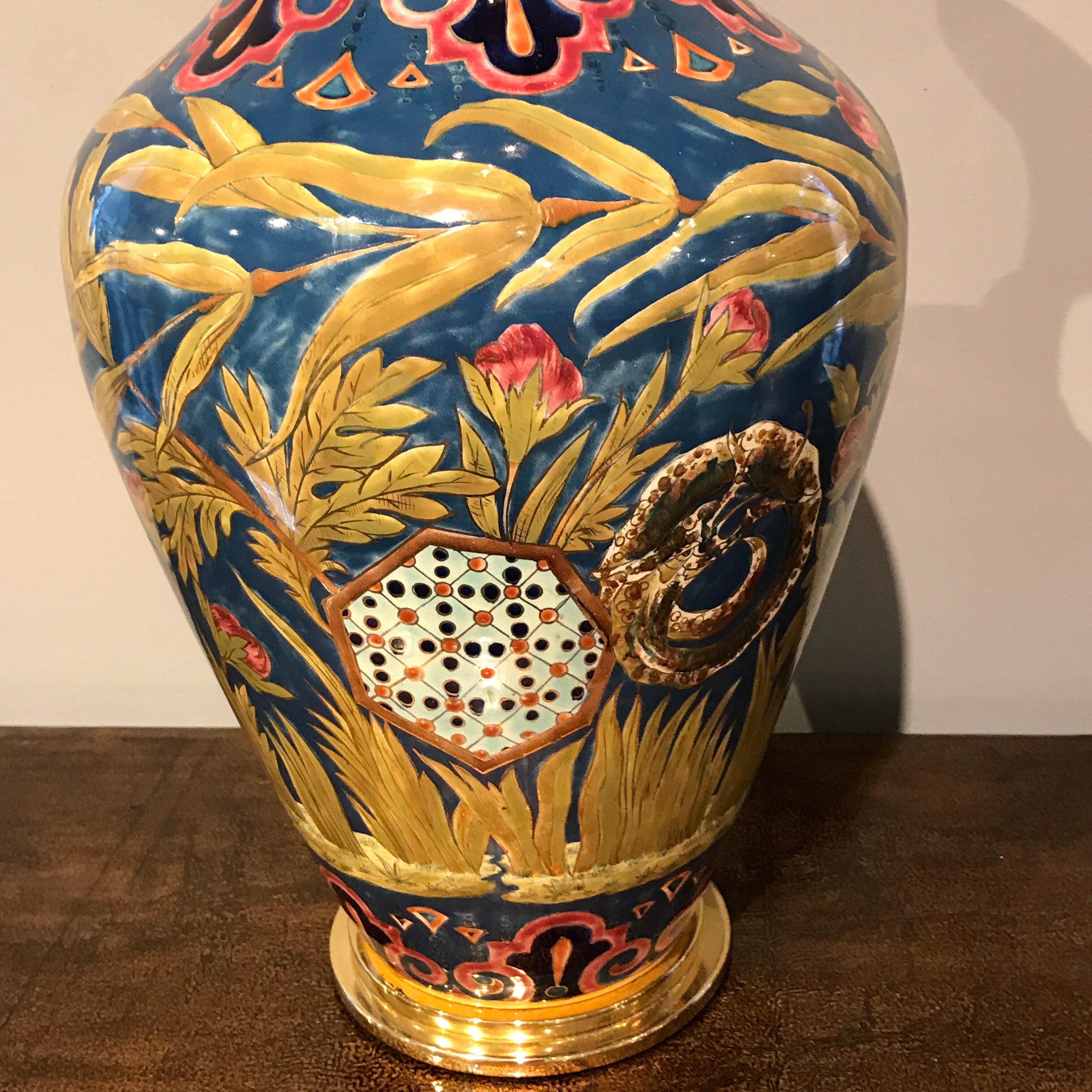 Enameled Stunning Zsolnay Porcelain Floral Vase, Now as a Lamp For Sale
