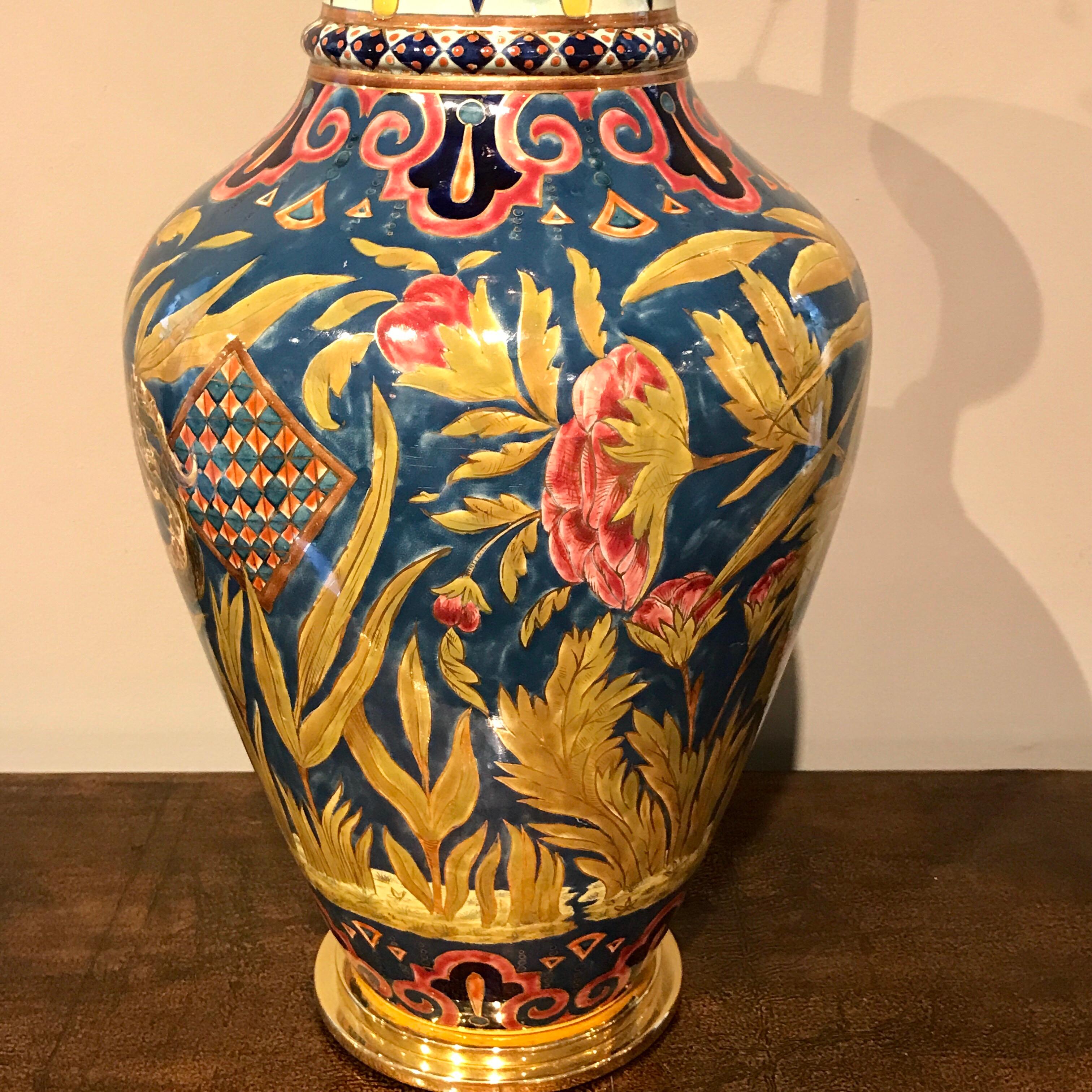 Stunning Zsolnay Porcelain Floral Vase, Now as a Lamp In Good Condition For Sale In Atlanta, GA