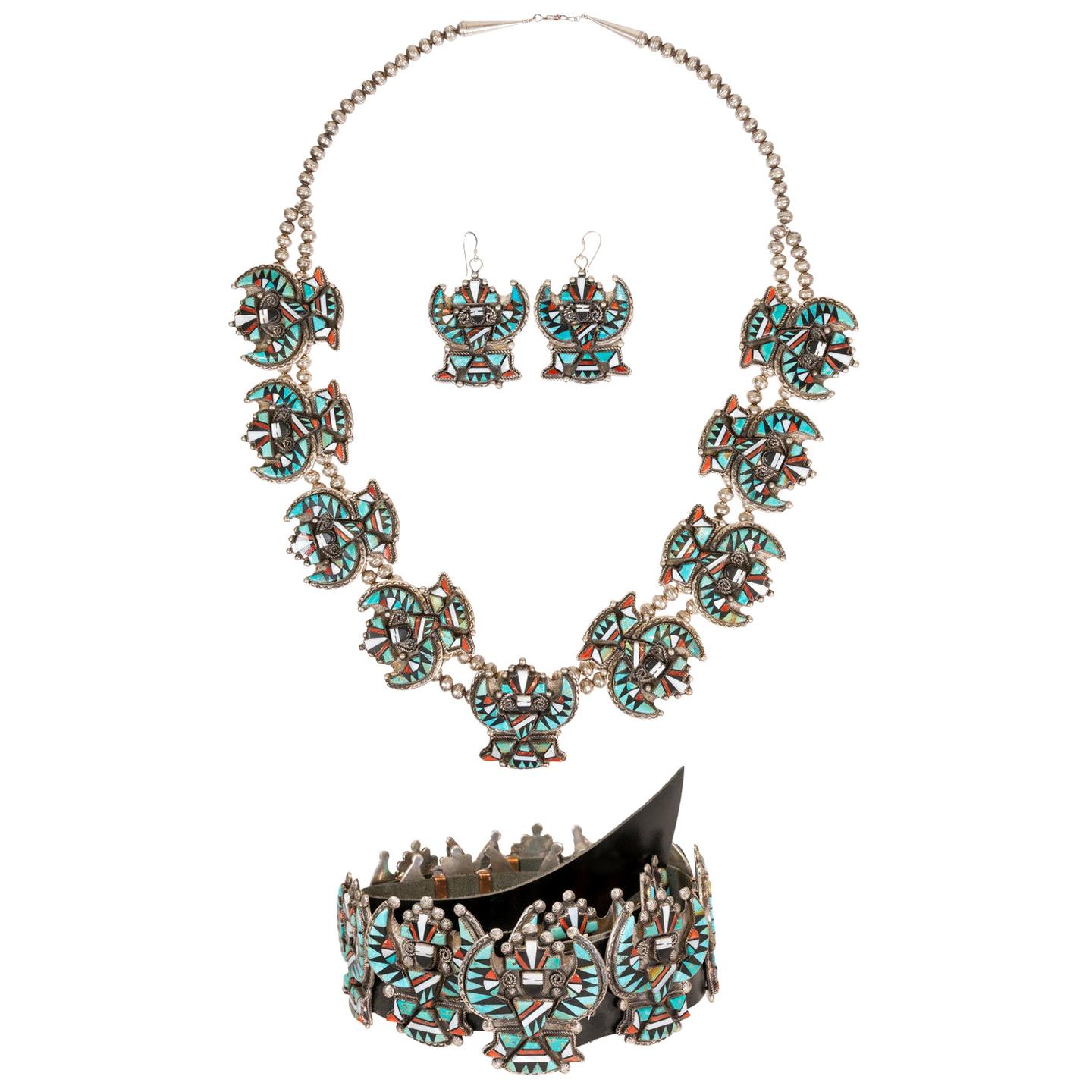 Stunning Zuni Inlaid Turquoise Concho Belt, Earrings and Necklace Set