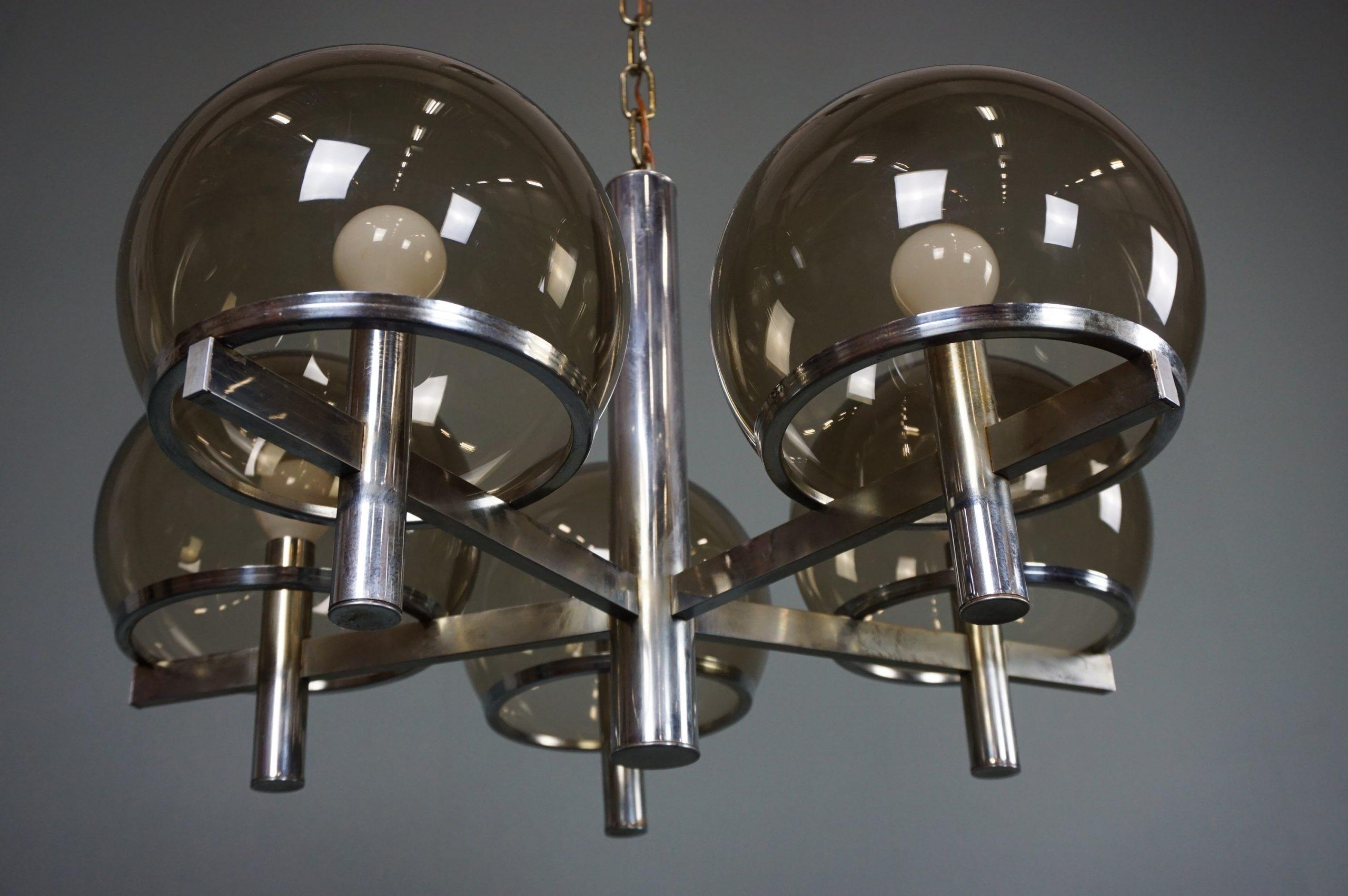 Smoked Glass Stunningly beautiful chrome design chandelier 'Club' Gaetano Sciolari For Sale