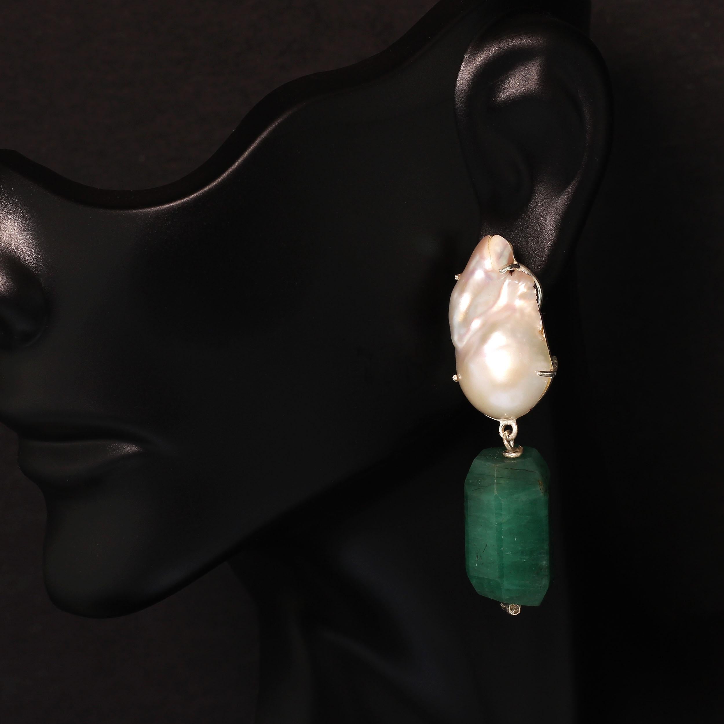 Artisan Gemjunky Stunningly Elegant Emerald and Baroque Pearl Earrings
