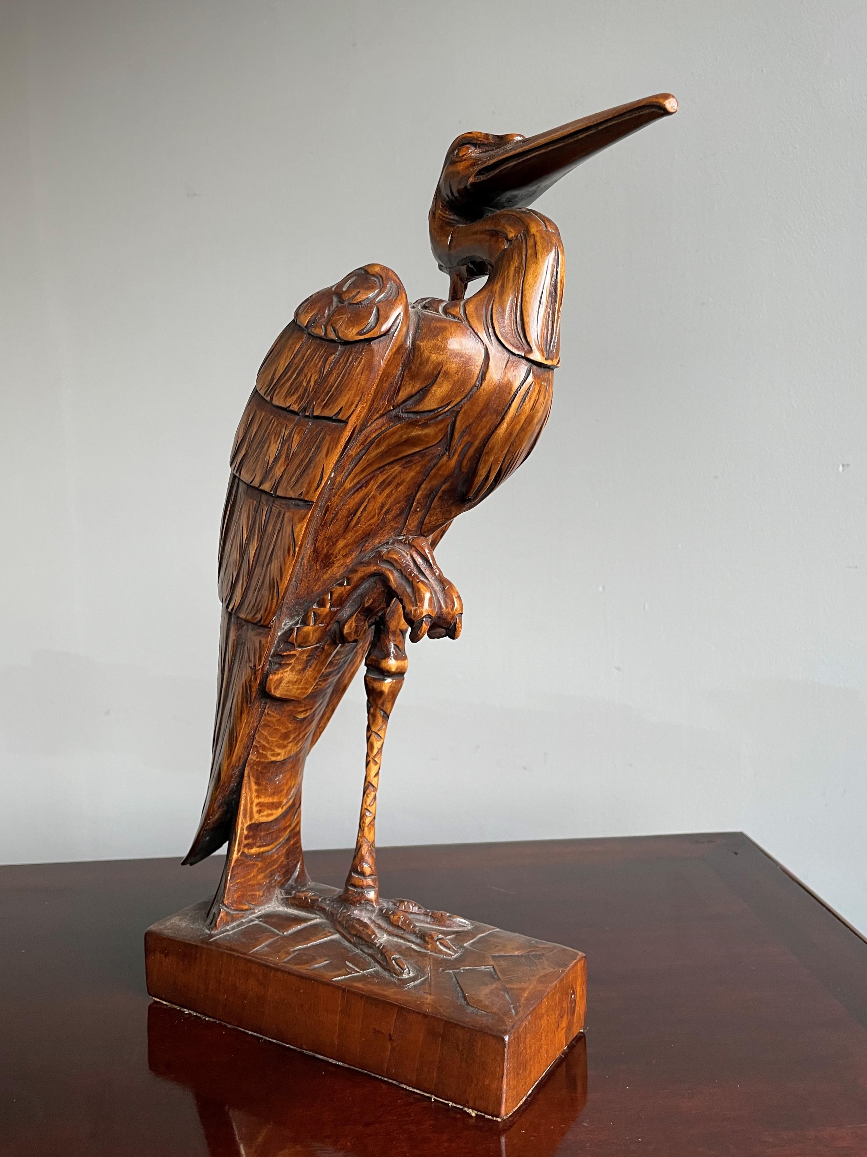 Stunningly Hand Carved Wooden Arts and Crafts Herron Bird Sculpture, circa 1910 11