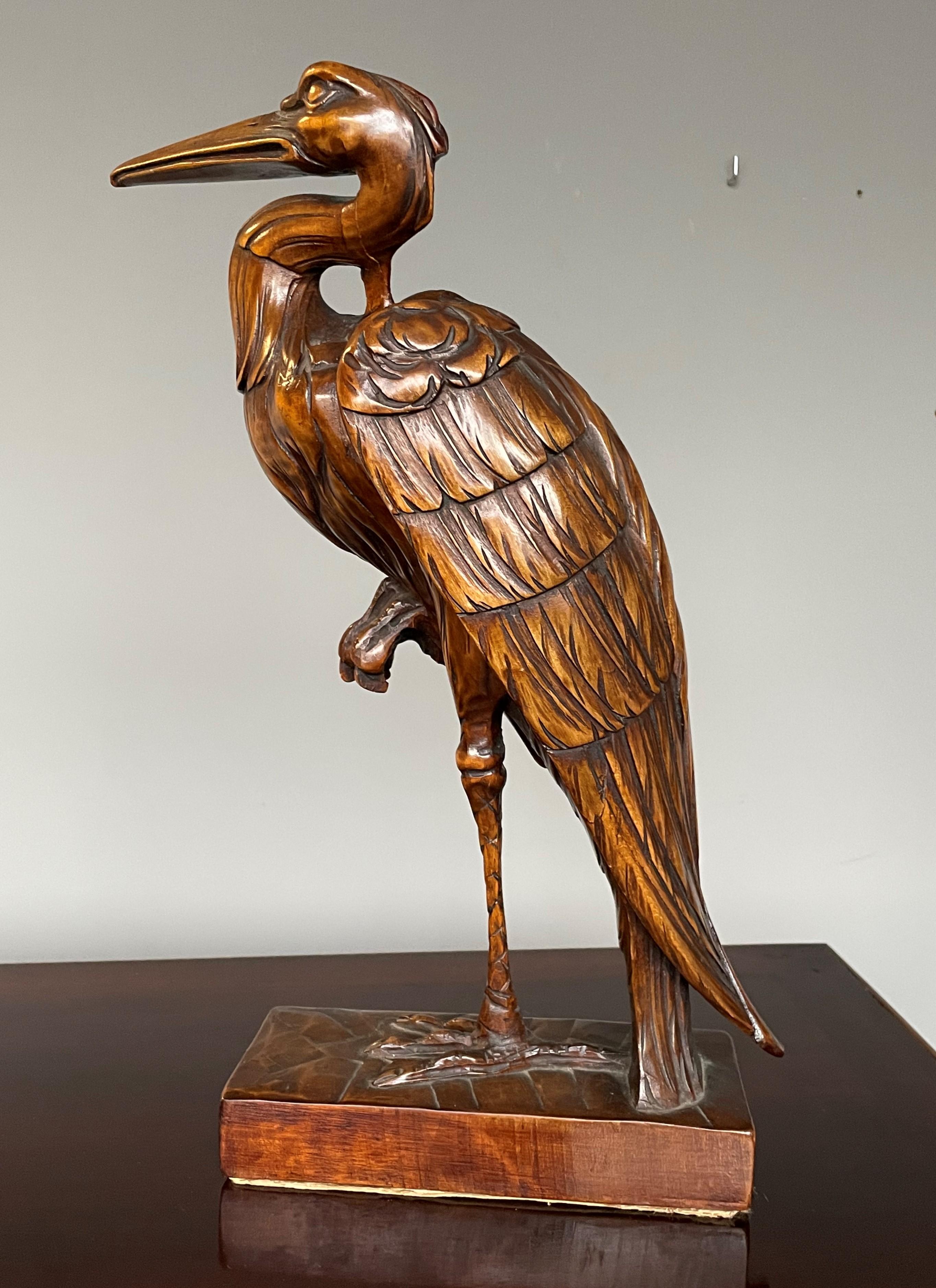 Dutch Stunningly Hand Carved Wooden Arts and Crafts Herron Bird Sculpture, circa 1910