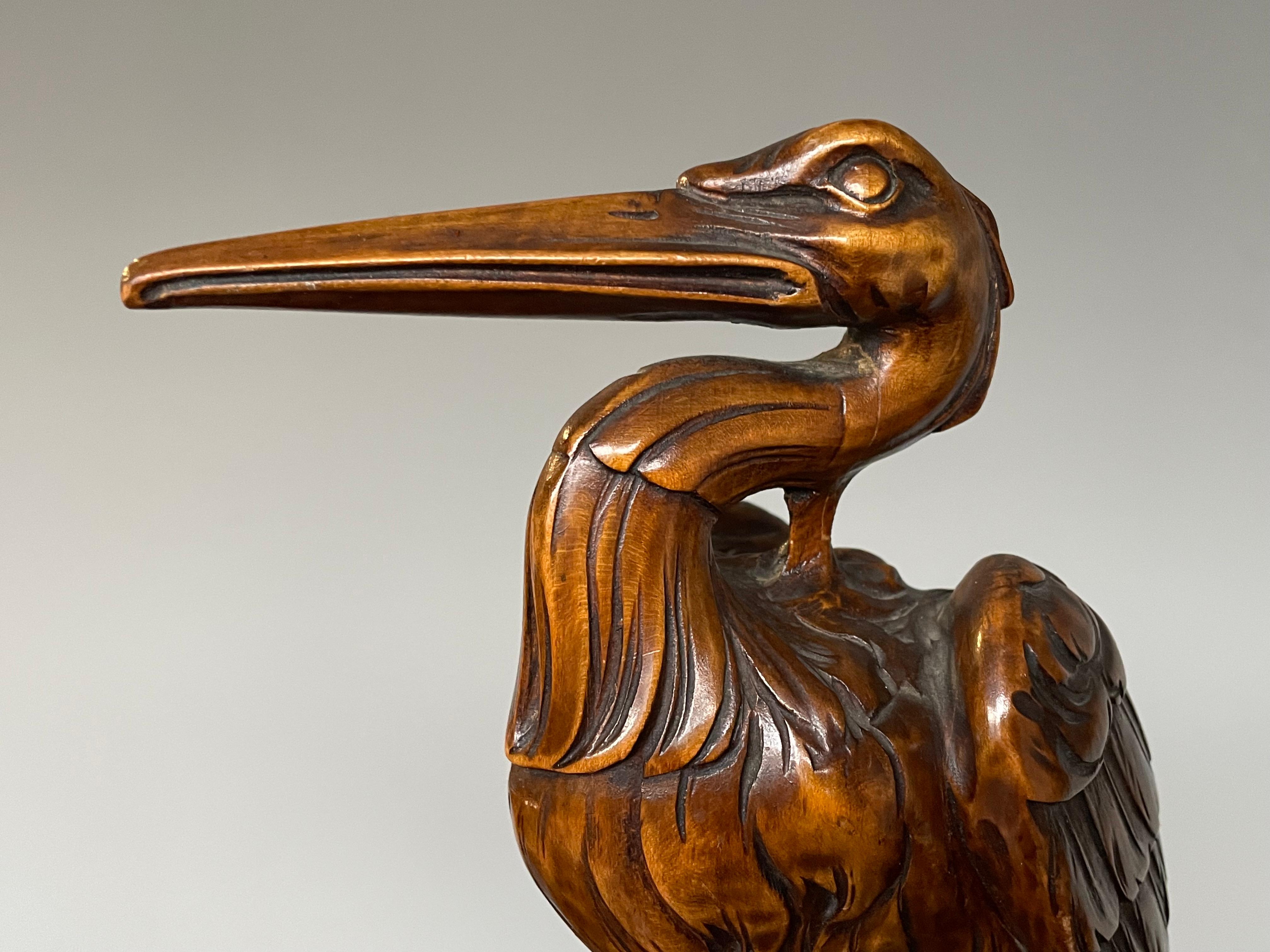 Stunningly Hand Carved Wooden Arts and Crafts Herron Bird Sculpture, circa 1910 In Good Condition In Lisse, NL