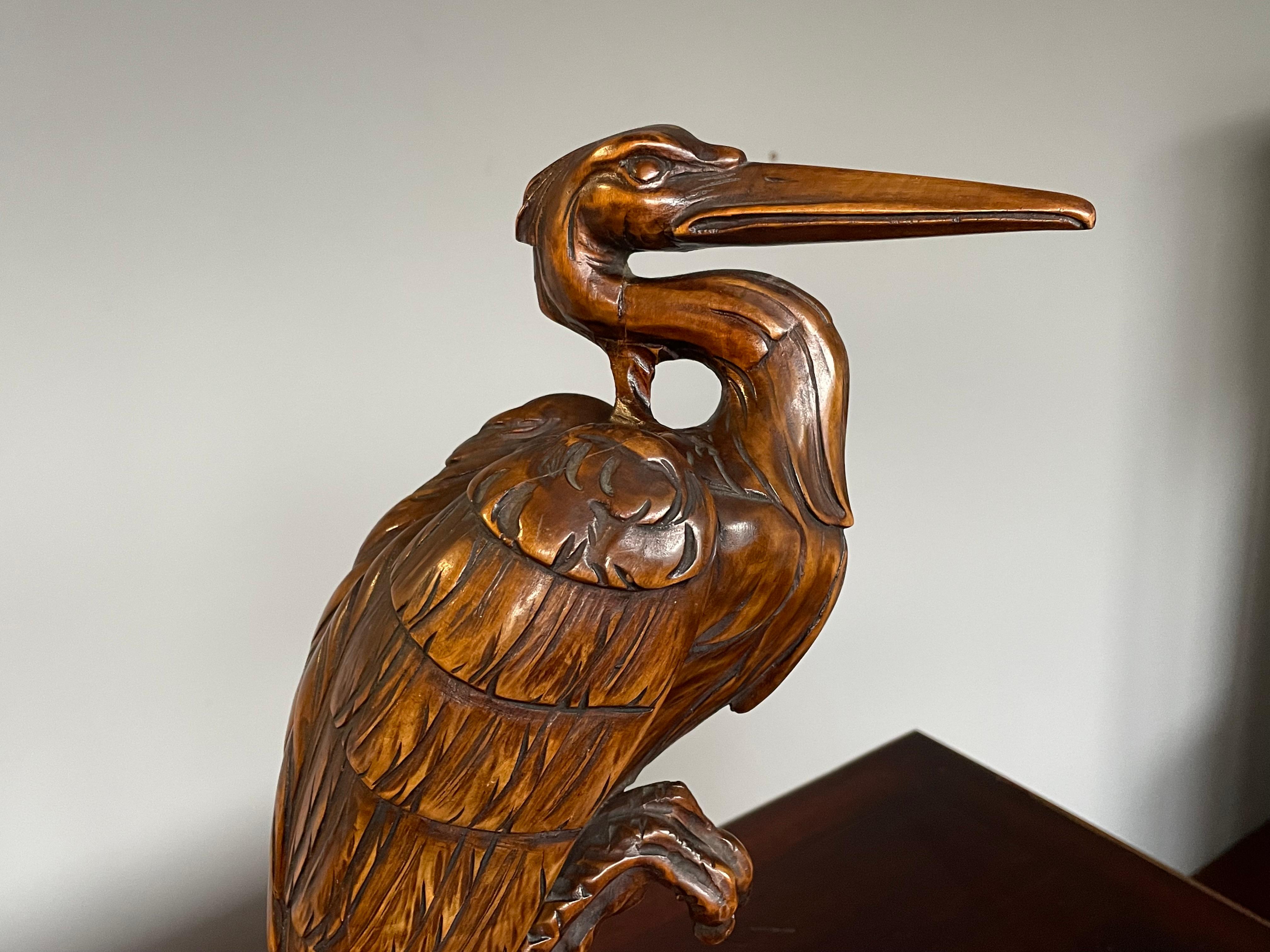 Stunningly Hand Carved Wooden Arts and Crafts Herron Bird Sculpture, circa 1910 2