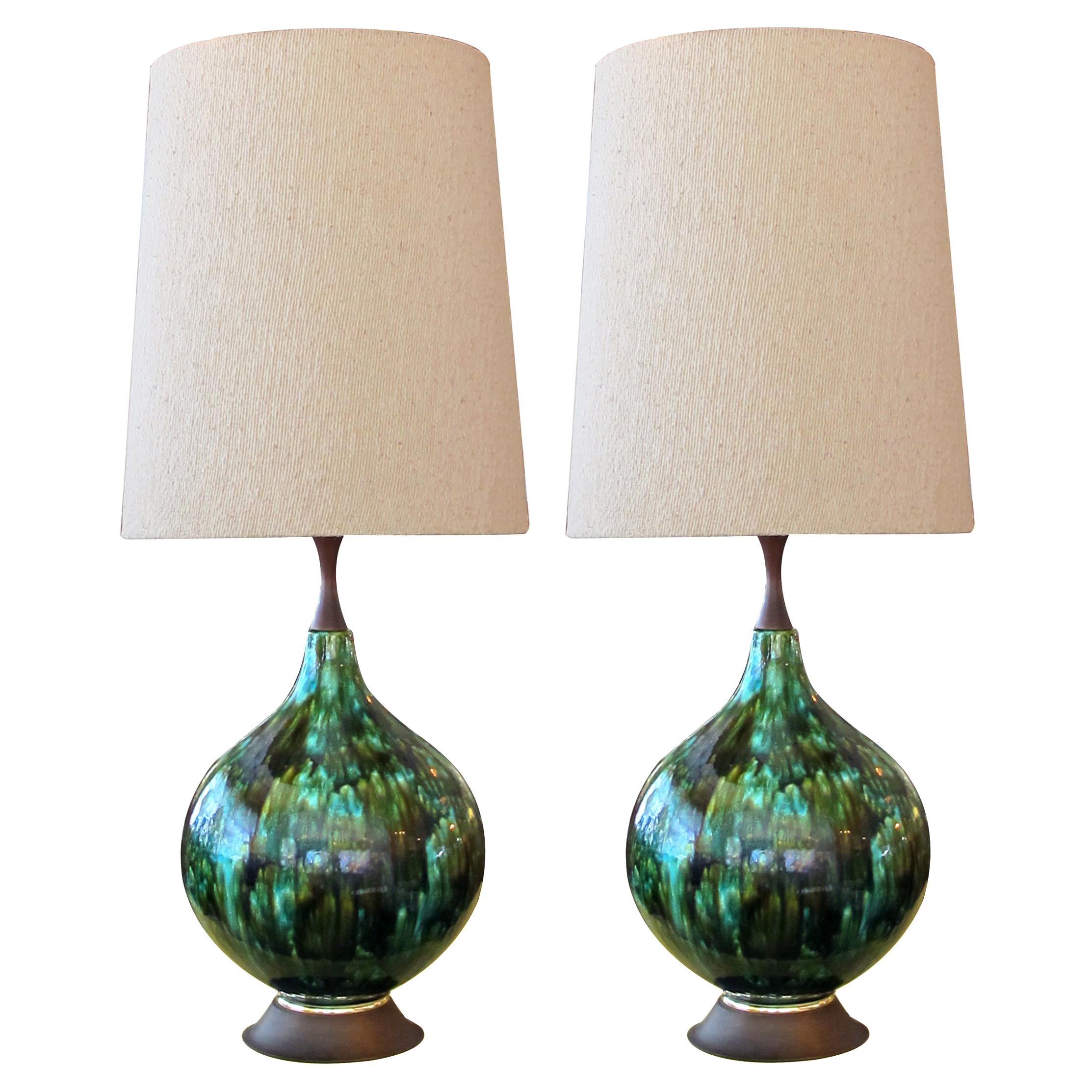 Stunningly Large Pair of American 1960s Olive Green and Teal Drip-Glaze Lamps