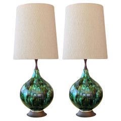 Stunningly Large Pair of American 1960s Olive Green and Teal Drip-Glaze Lamps