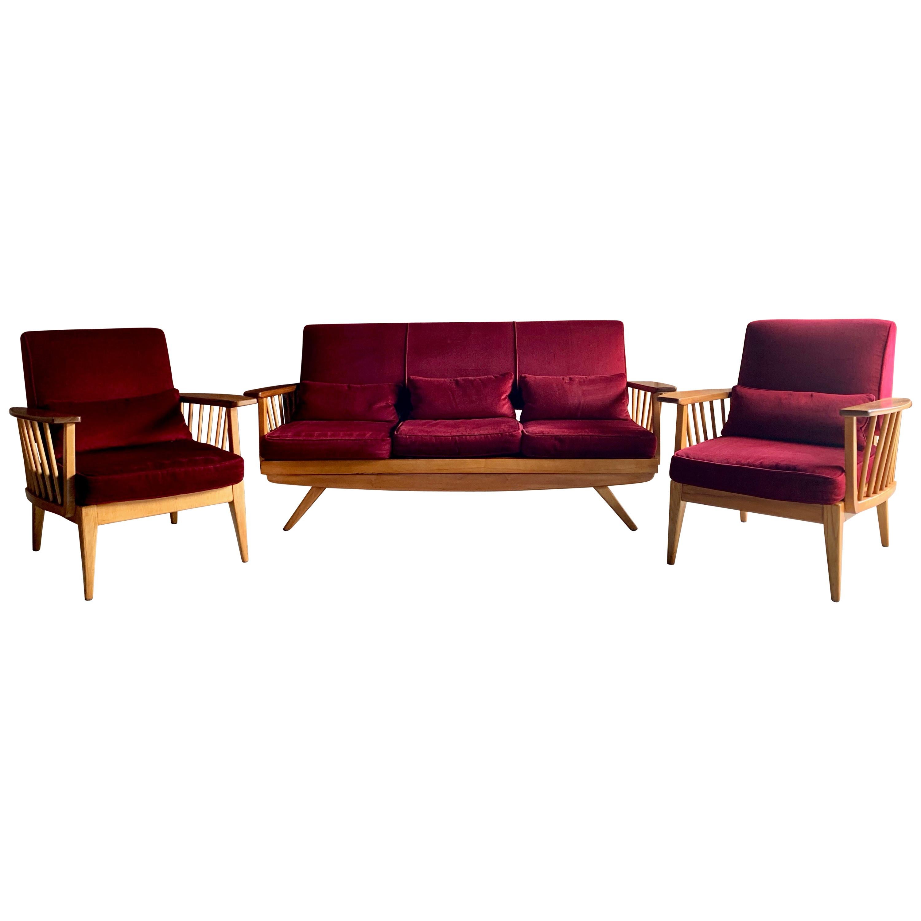 Stunningmid Century Modern Sofa & Armchair Suite Elm Three Piece, circa 1960s