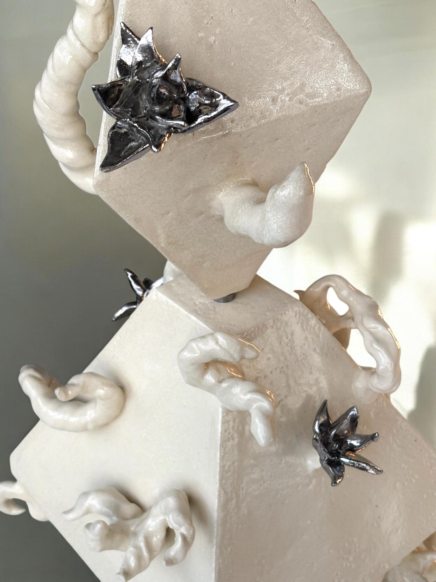 Post-Modern Stupa Dve Sculpture in White Glazed Ceramic & Steel by Lucile Rebeirot For Sale