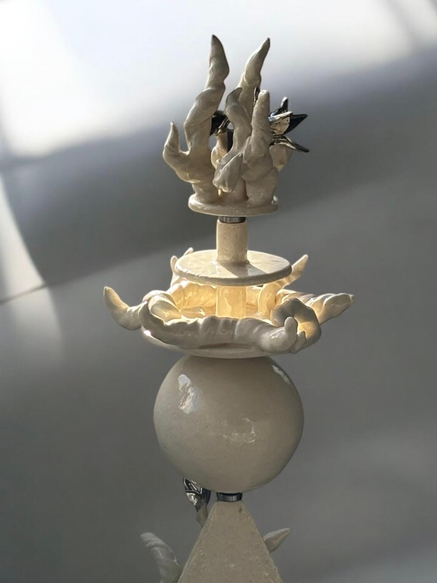 French Stupa Dve Sculpture in White Glazed Ceramic & Steel by Lucile Rebeirot For Sale