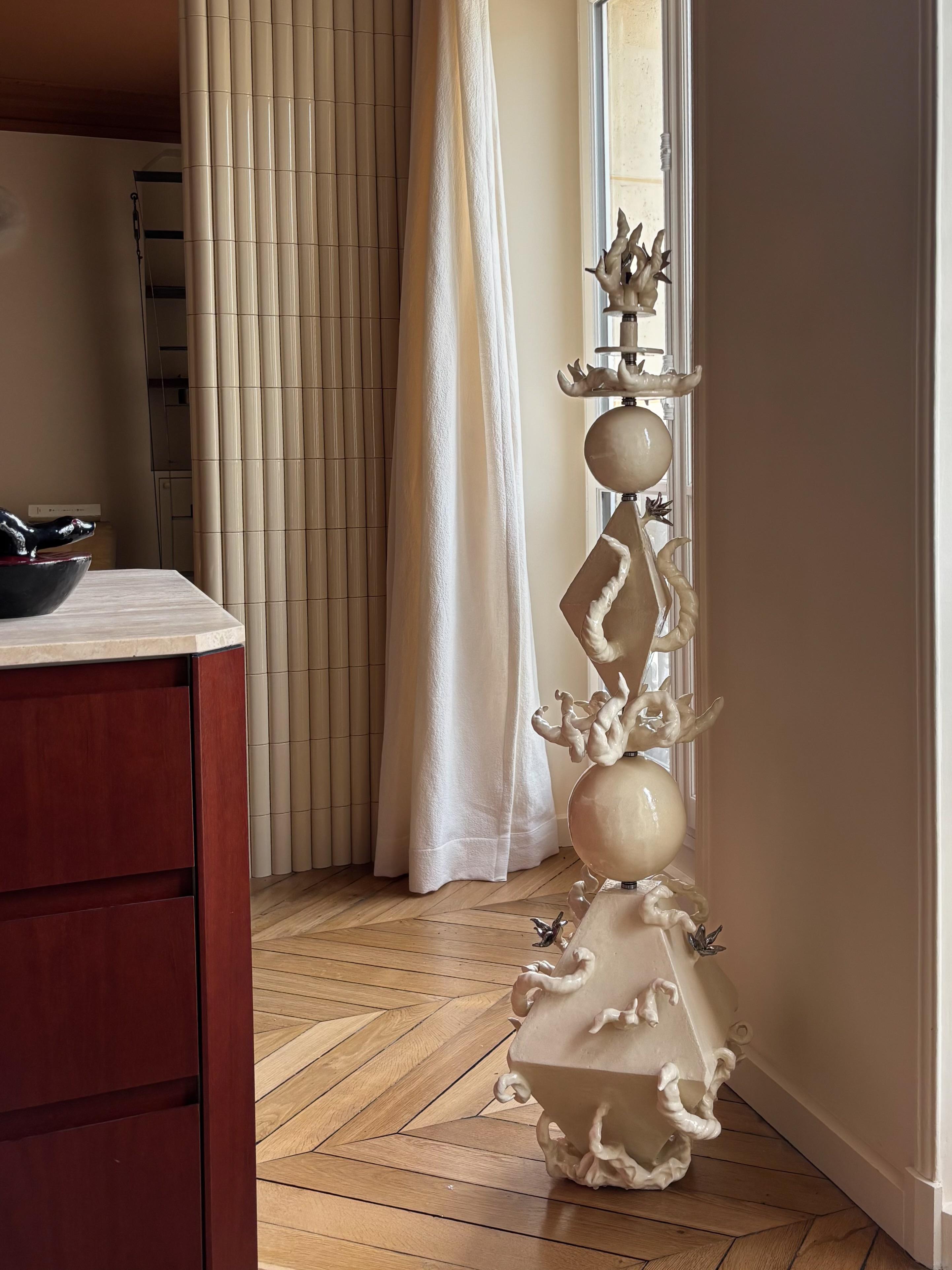 Other Stupa Dve Sculpture in White Glazed Ceramic & Steel by Lucile Rebeirot For Sale