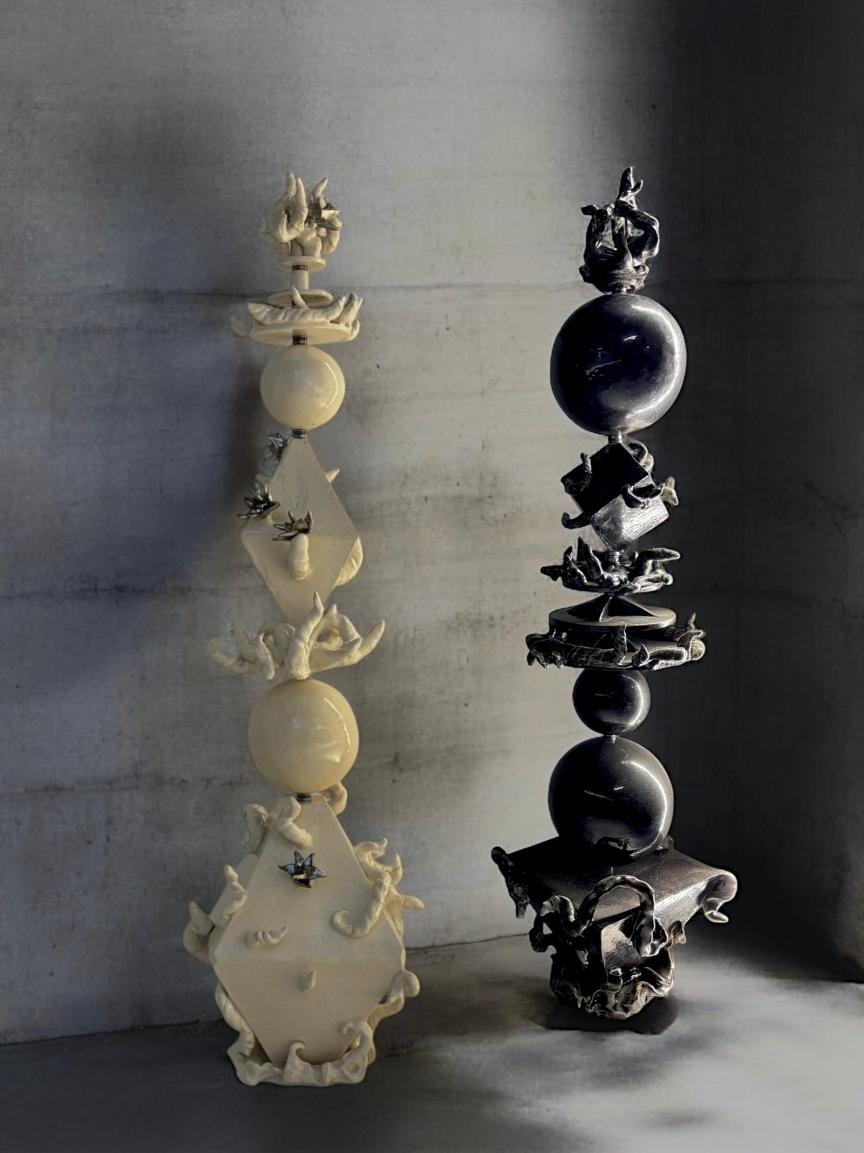 Contemporary Stupa Dve Sculpture in White Glazed Ceramic & Steel by Lucile Rebeirot For Sale