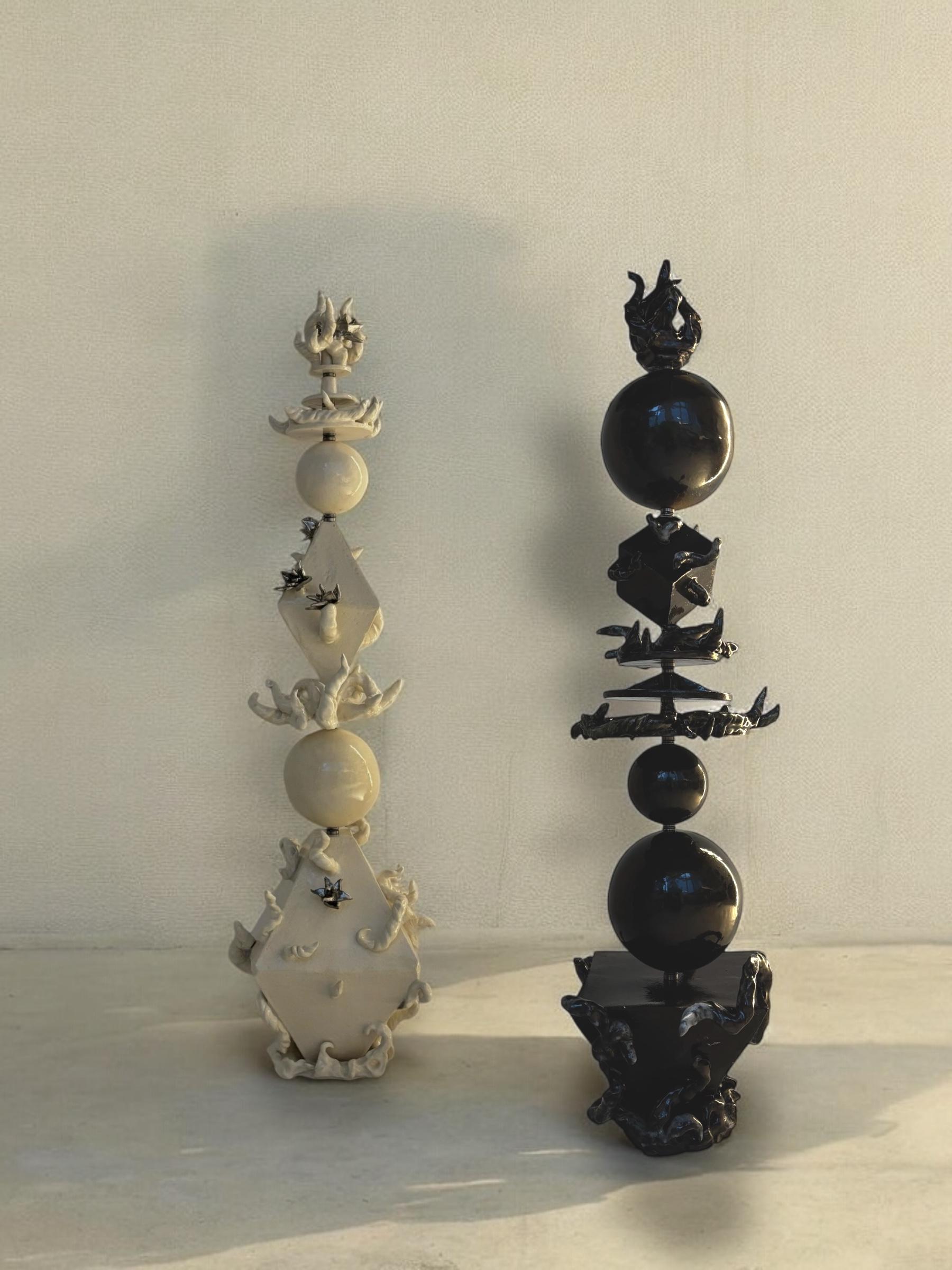 Stupa Dve Sculpture in White Glazed Ceramic & Steel by Lucile Rebeirot For Sale 1