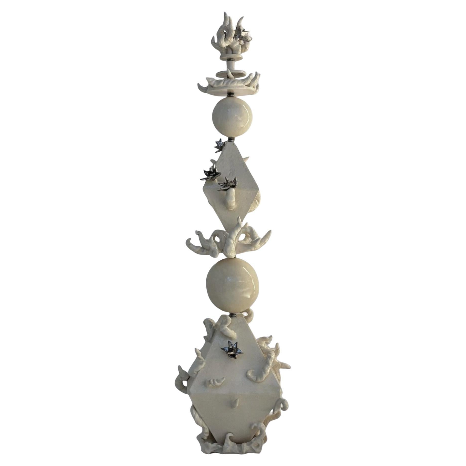 Stupa Dve Sculpture in White Glazed Ceramic & Steel by Lucile Rebeirot For Sale