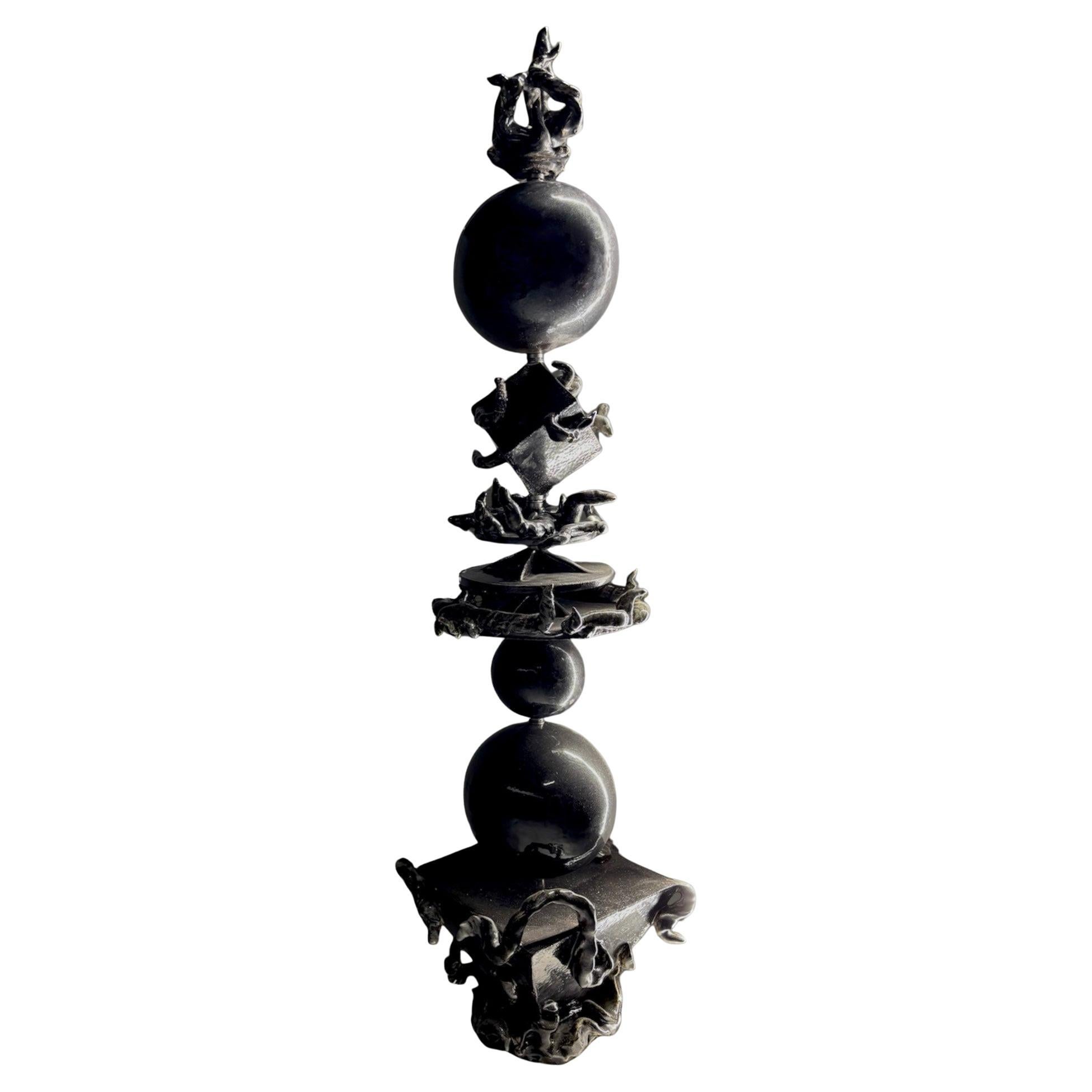 Stupa Ekam Sculpture in Black Glazed Ceramic & Steel by Lucile Rebeirot