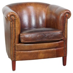 Sturdy Cognac-Colored Sheepskin Leather Club Armchair with Fine Detailing