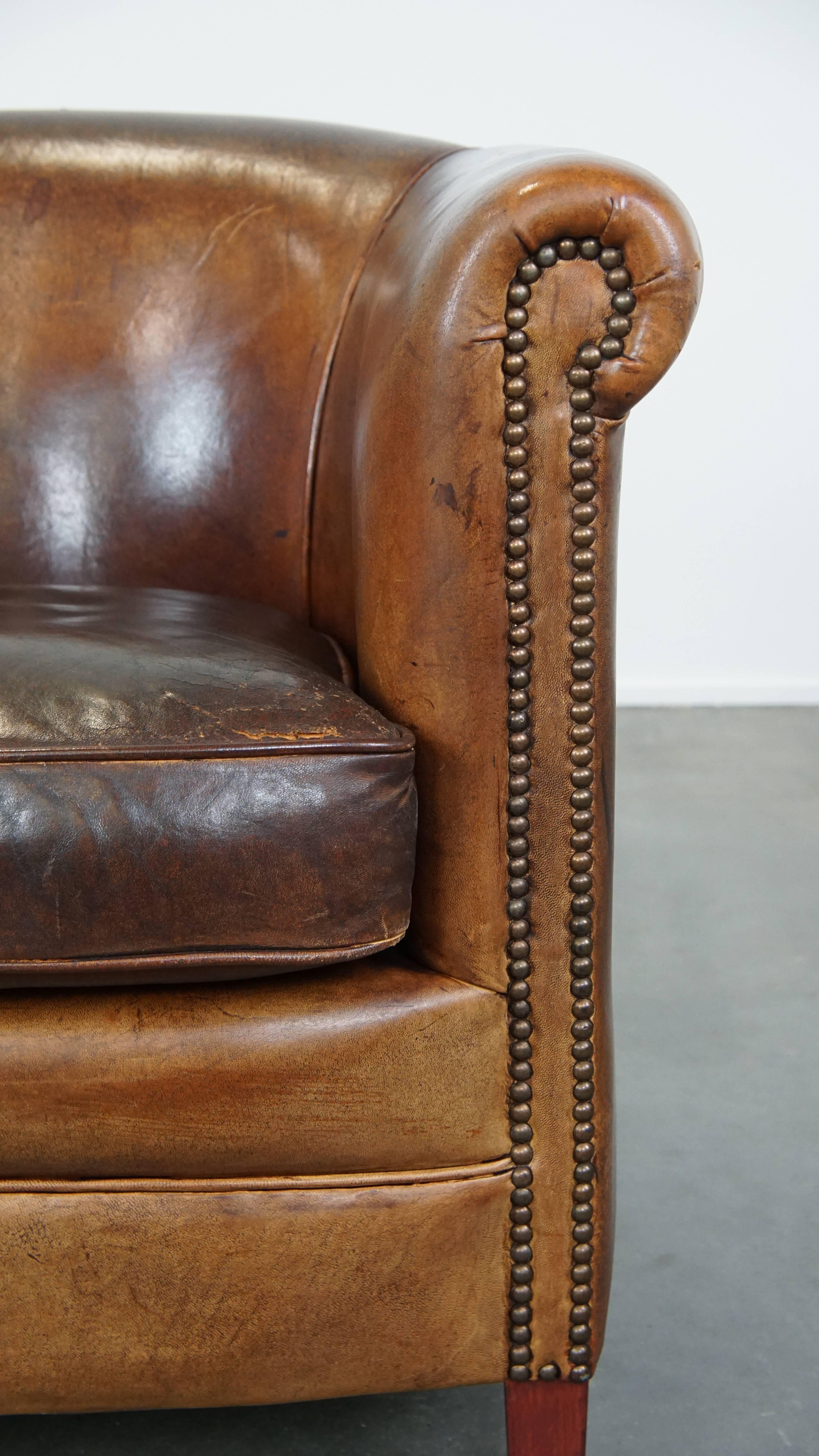 Sturdy Cognac-Colored Sheepskin Leather Club Chair For Sale 4