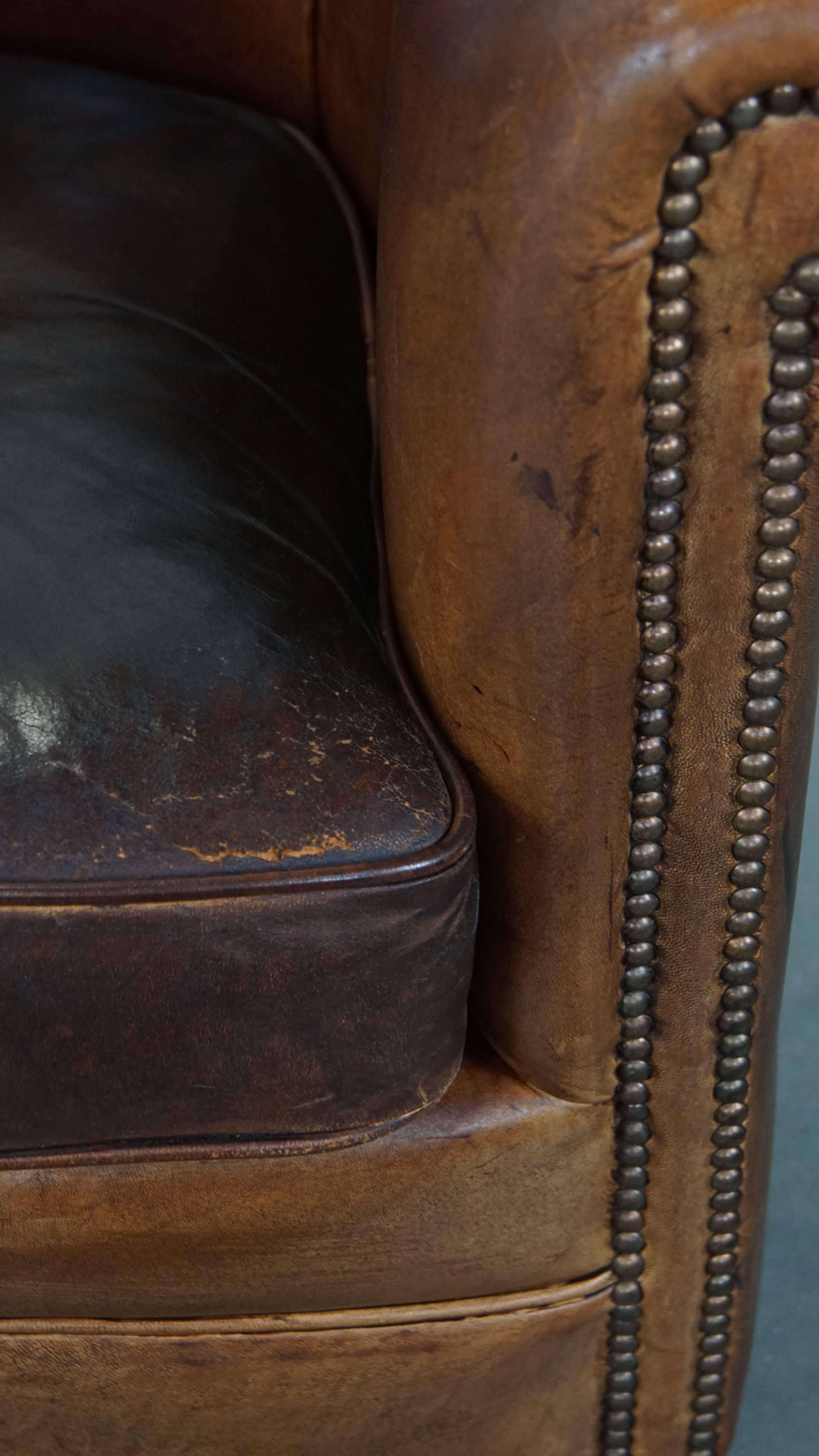 Sturdy Cognac-Colored Sheepskin Leather Club Chair For Sale 5