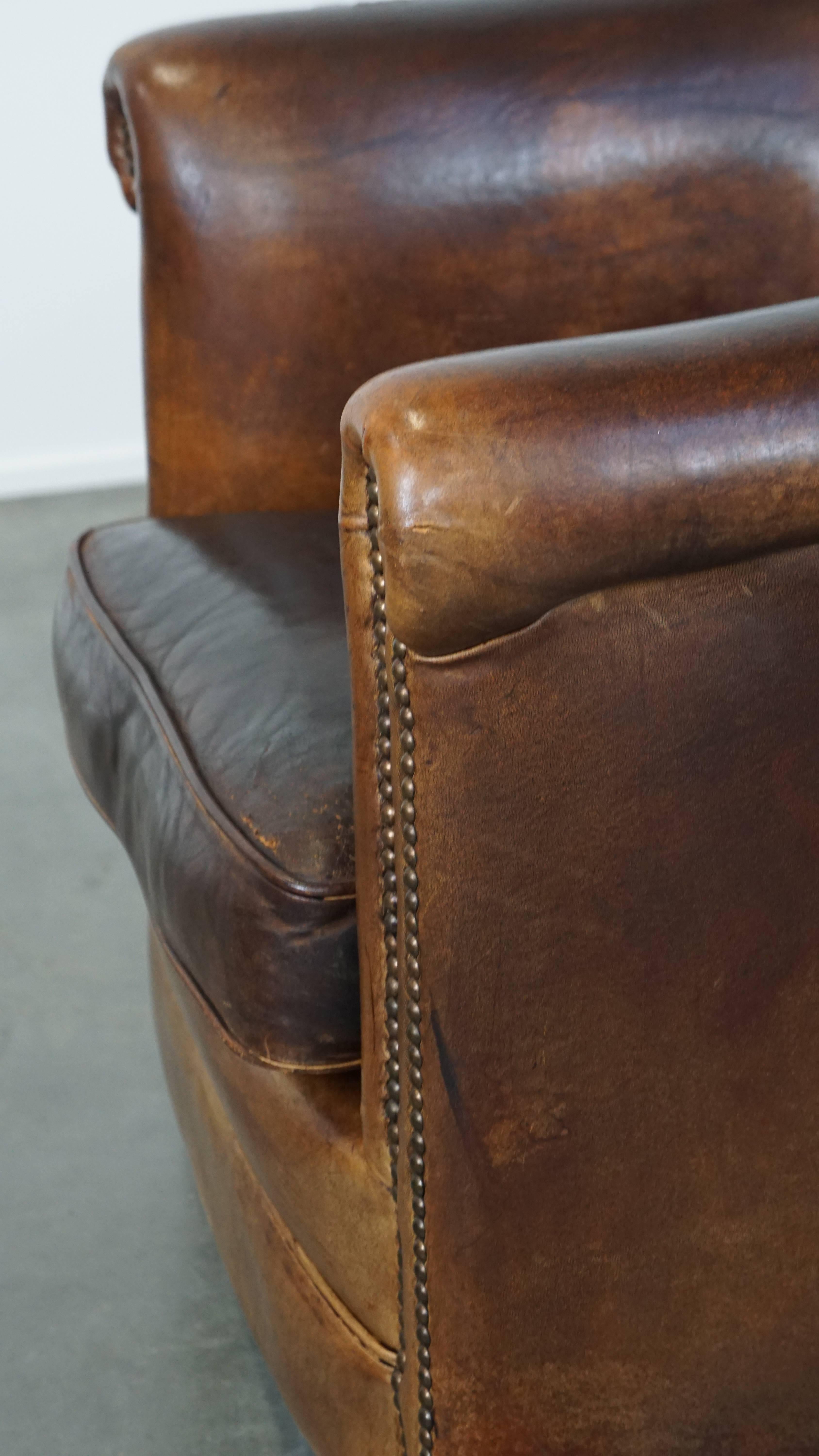 Sturdy Cognac-Colored Sheepskin Leather Club Chair For Sale 6