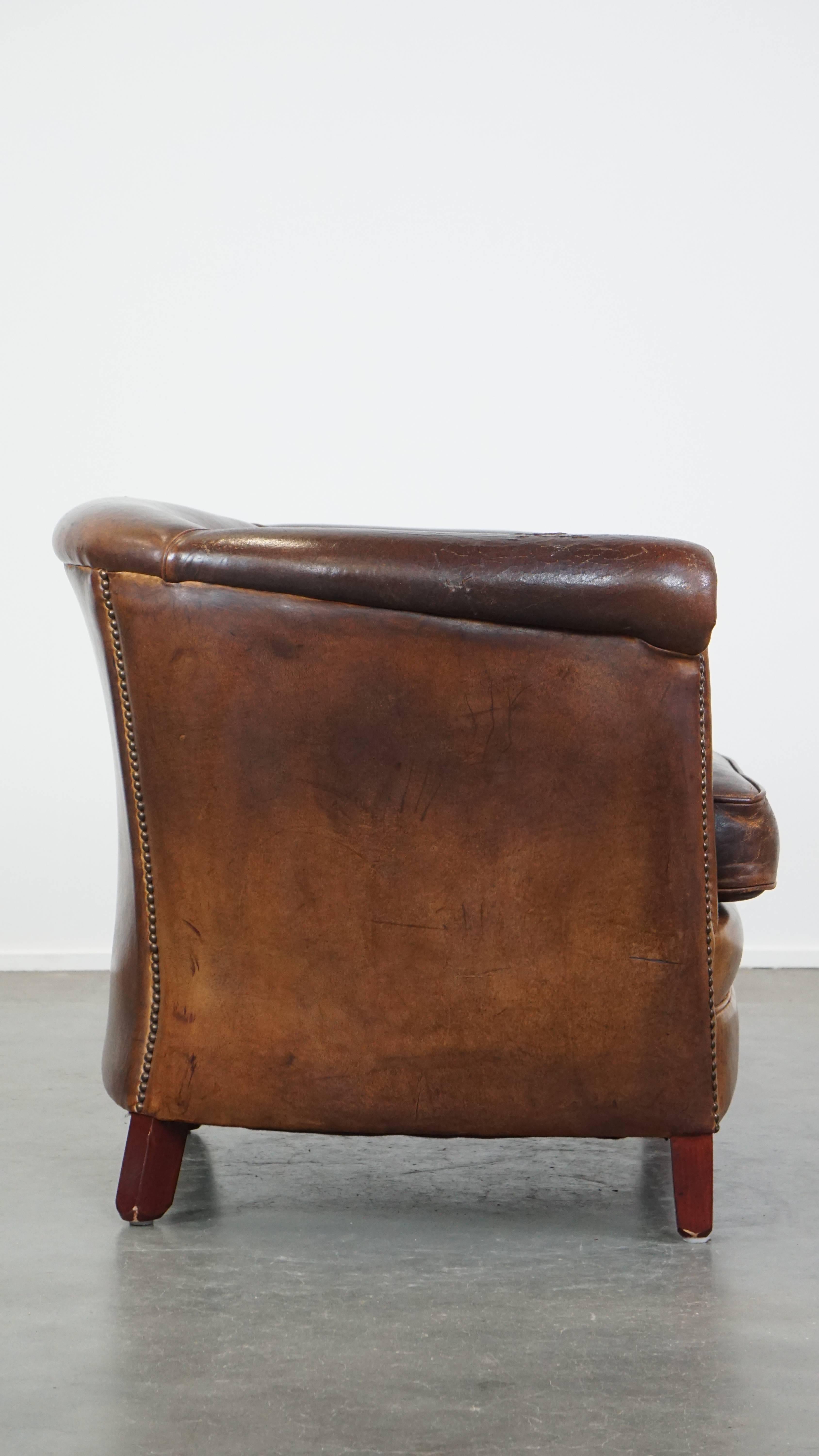 Classical Roman Sturdy Cognac-Colored Sheepskin Leather Club Chair For Sale