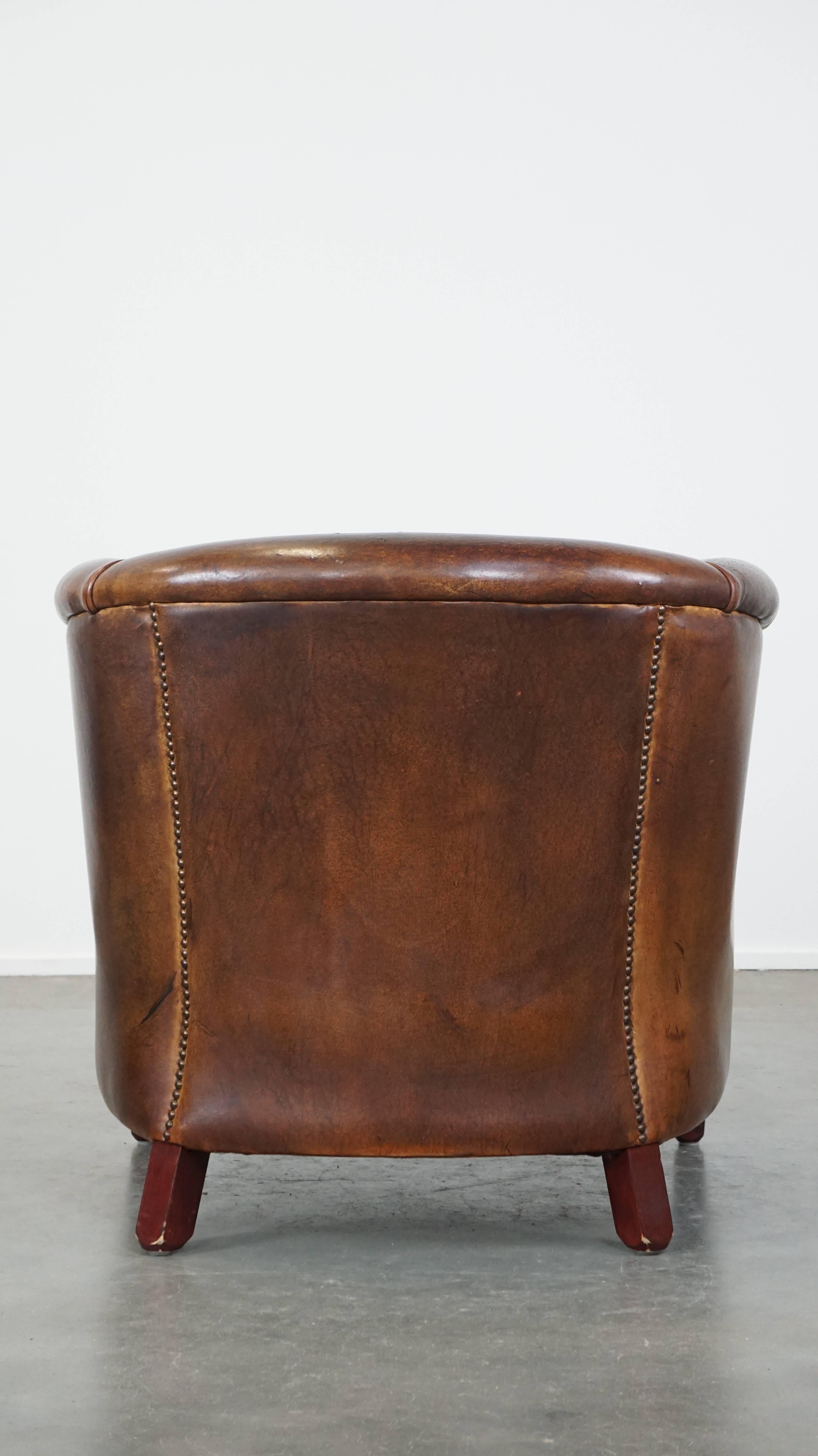 Hand-Crafted Sturdy Cognac-Colored Sheepskin Leather Club Chair For Sale