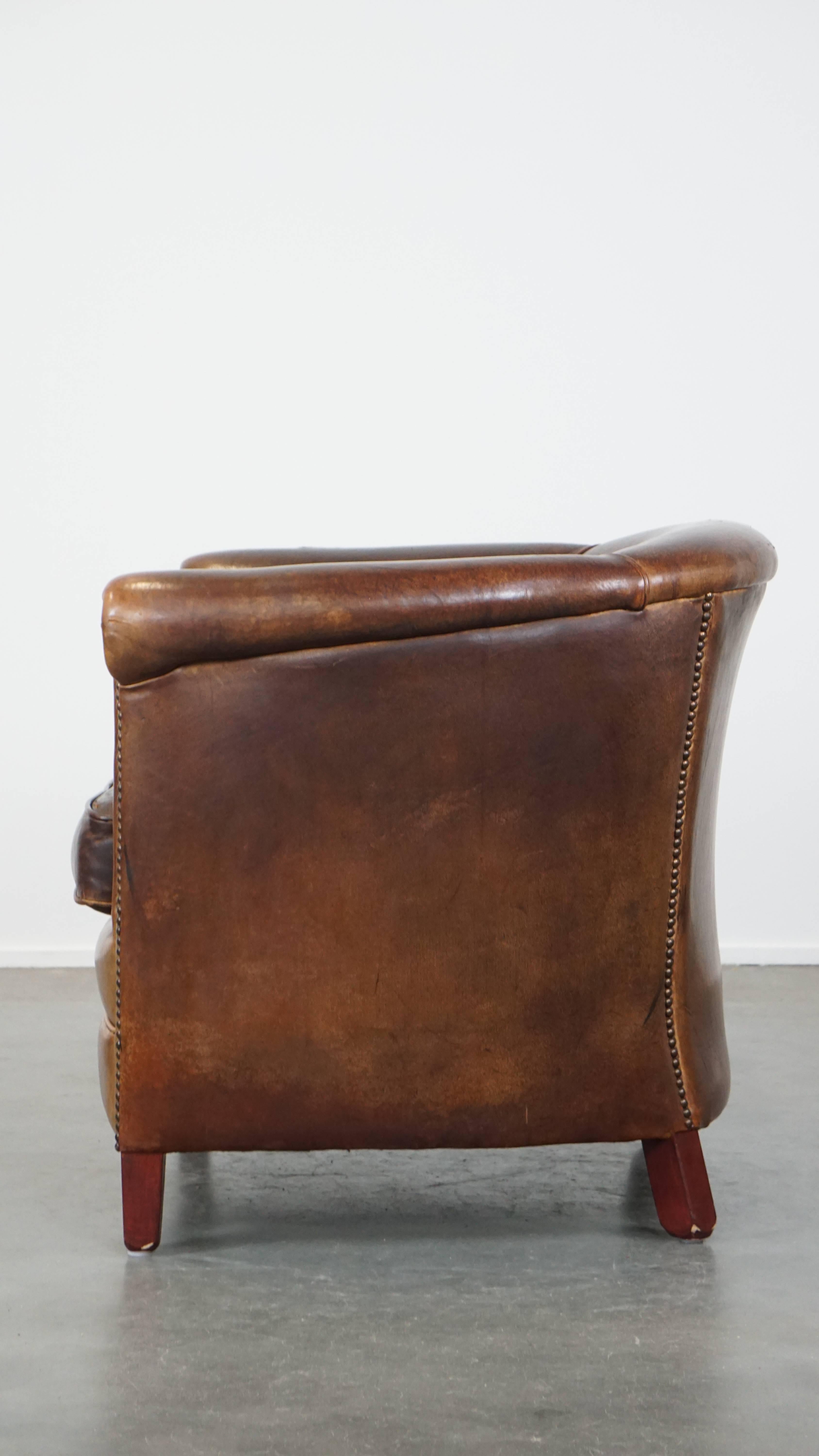 Sturdy Cognac-Colored Sheepskin Leather Club Chair In Good Condition For Sale In Harderwijk, NL