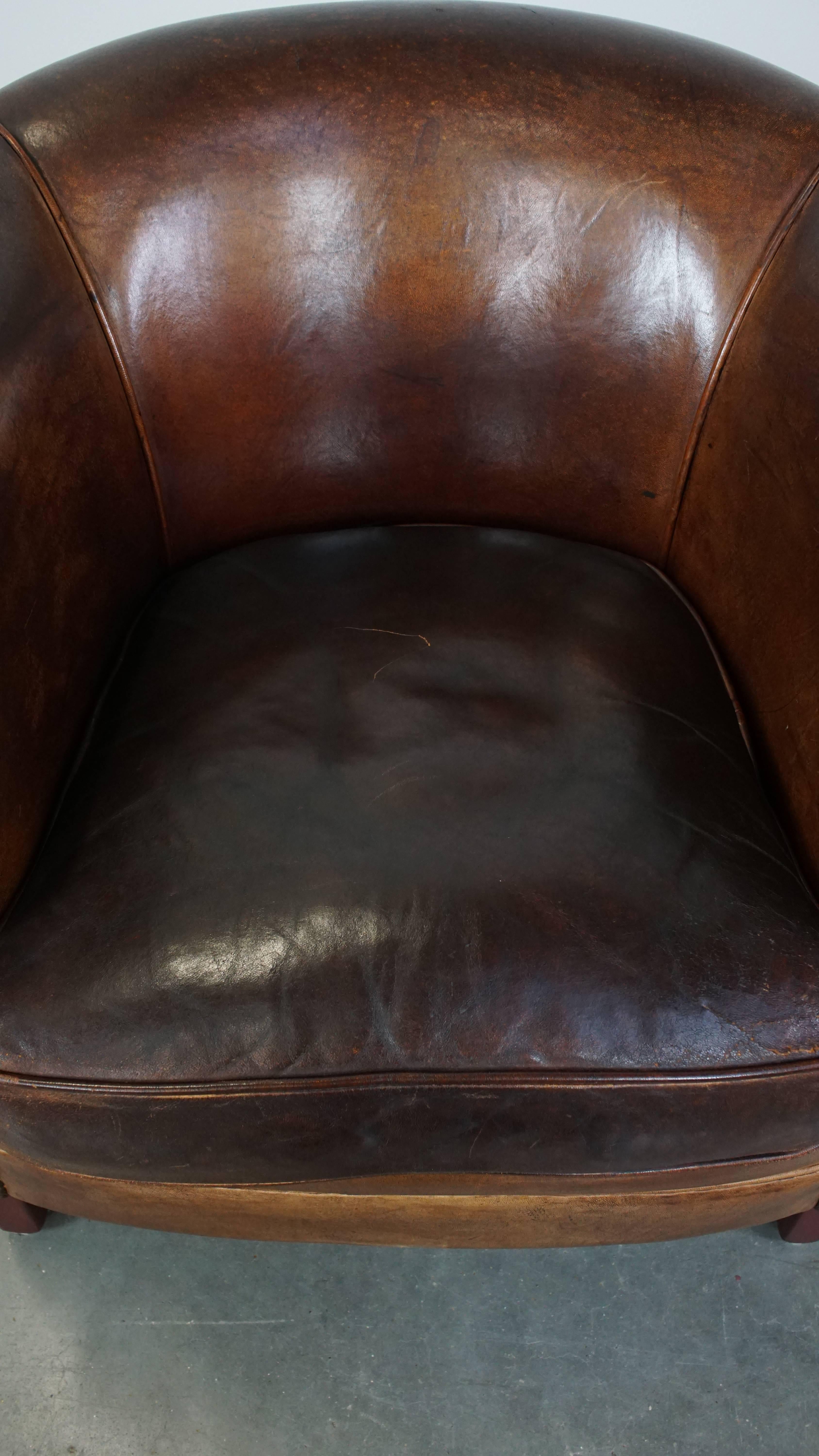 20th Century Sturdy Cognac-Colored Sheepskin Leather Club Chair For Sale
