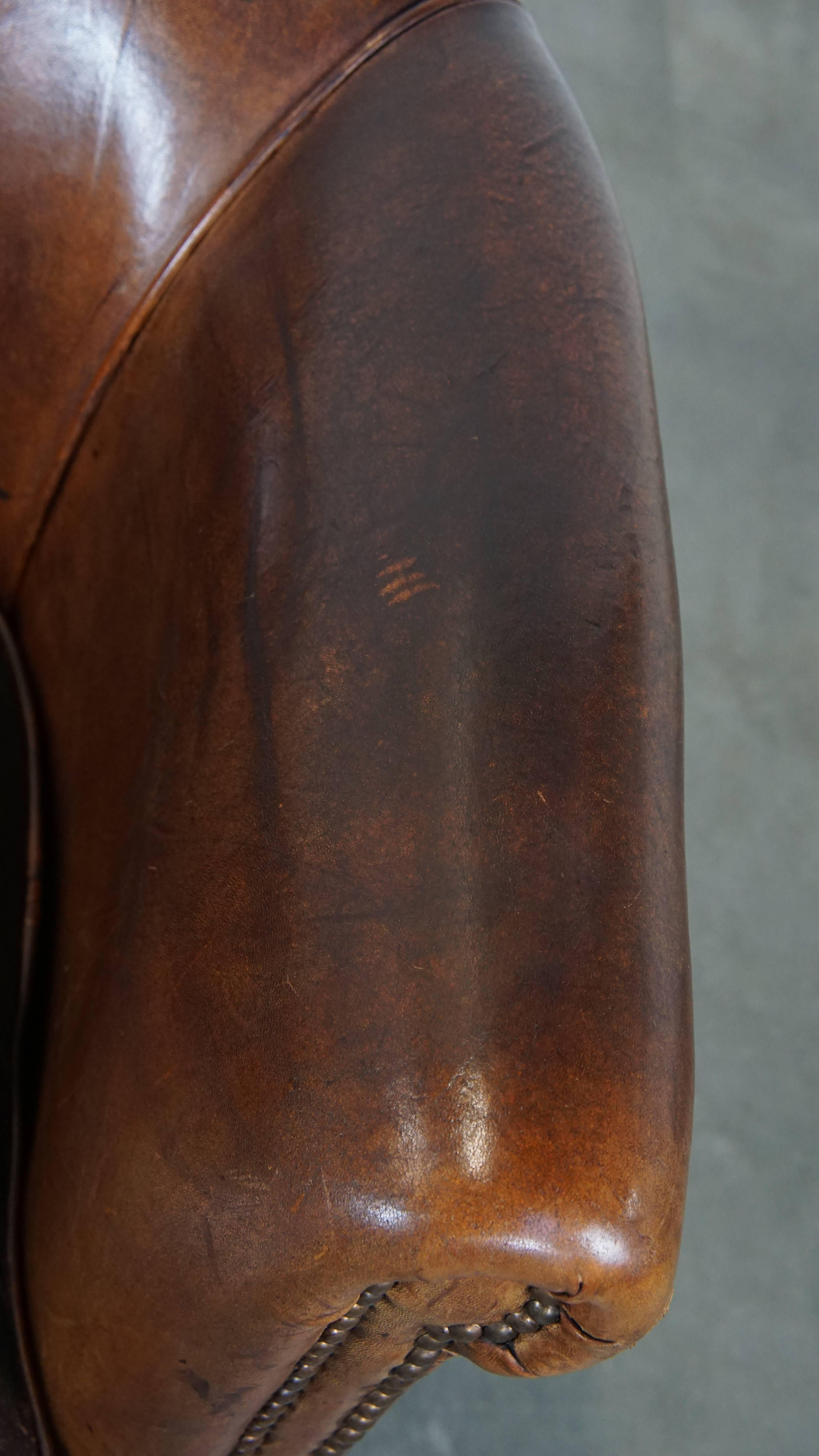Sturdy Cognac-Colored Sheepskin Leather Club Chair For Sale 2