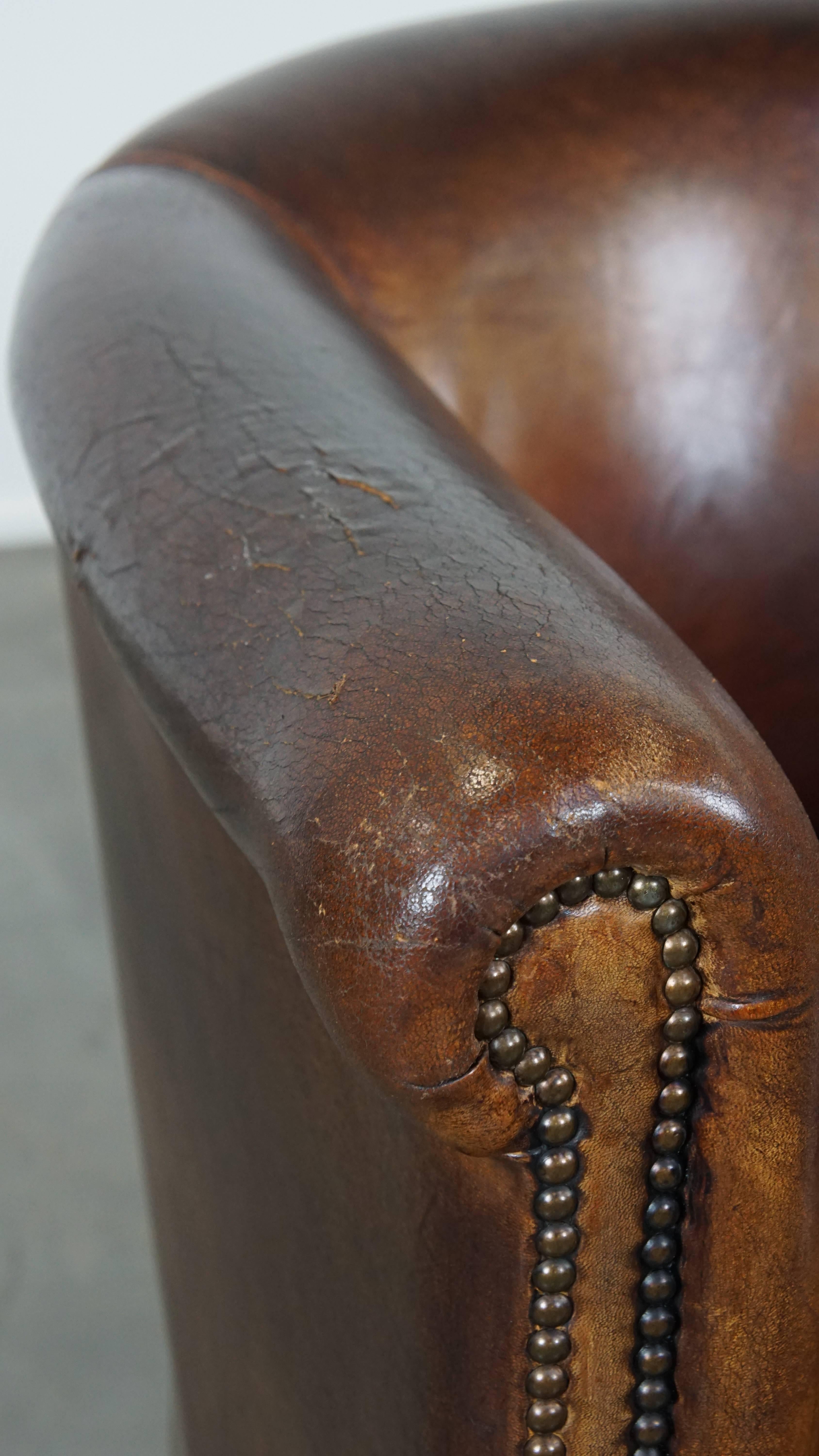 Sturdy Cognac-Colored Sheepskin Leather Club Chair For Sale 3