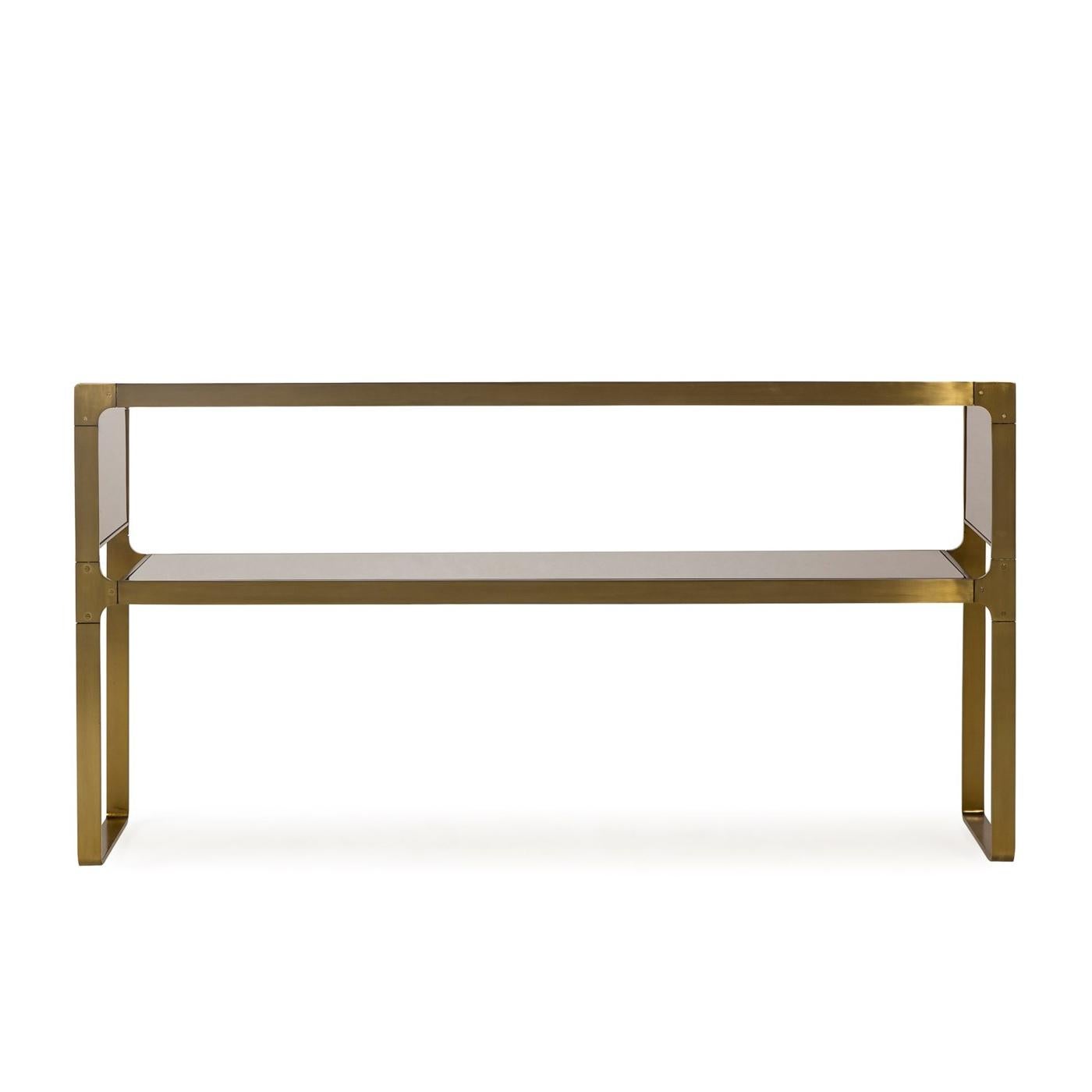Console table sturdy with structure in 
polished stainless steel in satin brass 
finish. With smoked glass top in bronze 
finish. Also available in sturdy side 
table and sturdy coffee table.