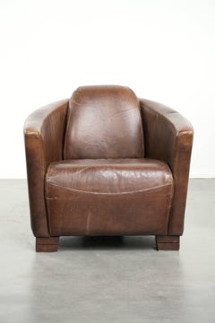 Sturdy dark cognac brown cow leather Aviator design armchair
