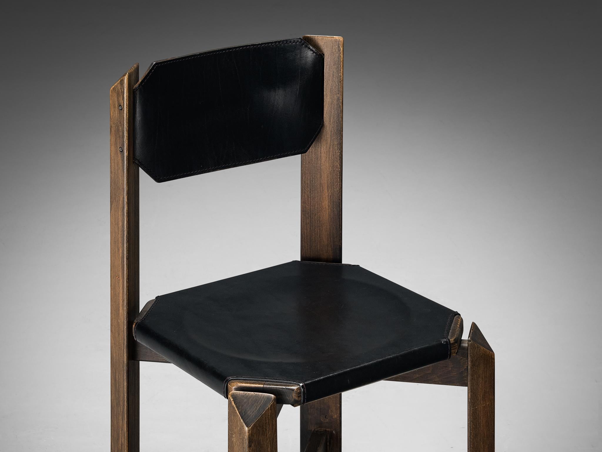 Mid-Century Modern Sturdy Dining Chair in Black Leather and Wood  For Sale