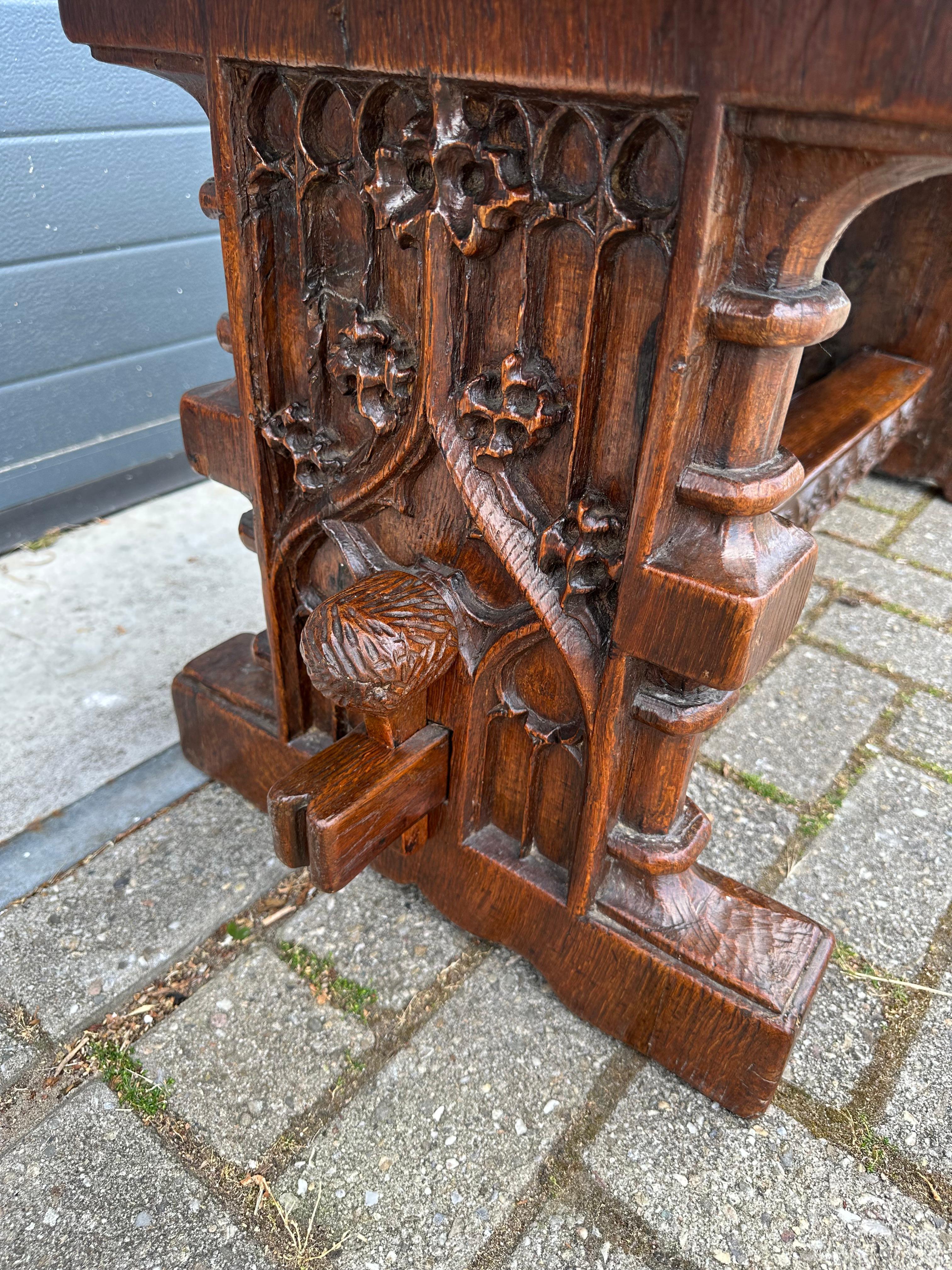 Sturdy Gothic Revival Hand Carved Oak Coffee Table or Side Table w. Great Patina For Sale 4