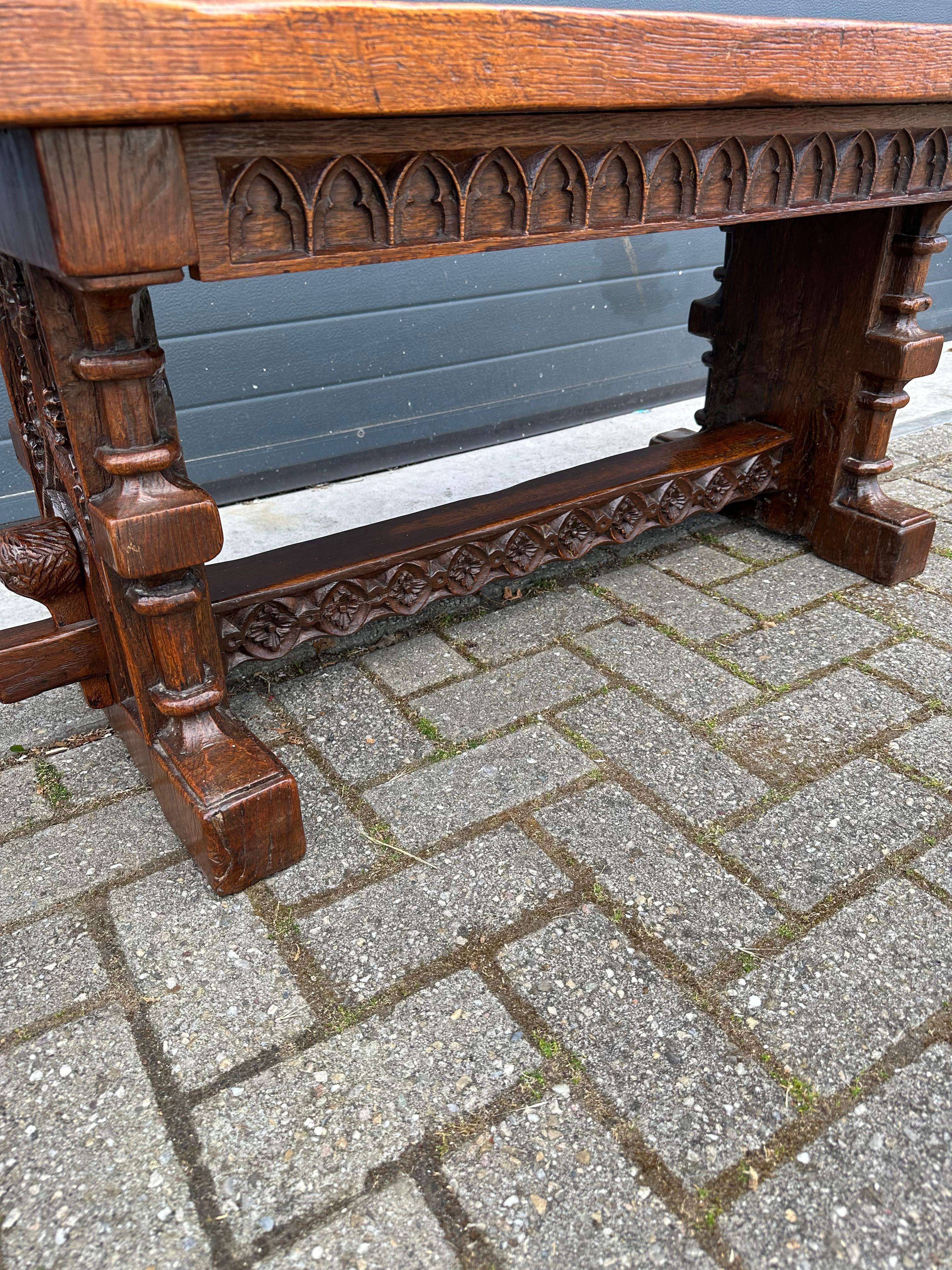 Sturdy Gothic Revival Hand Carved Oak Coffee Table or Side Table w. Great Patina For Sale 5