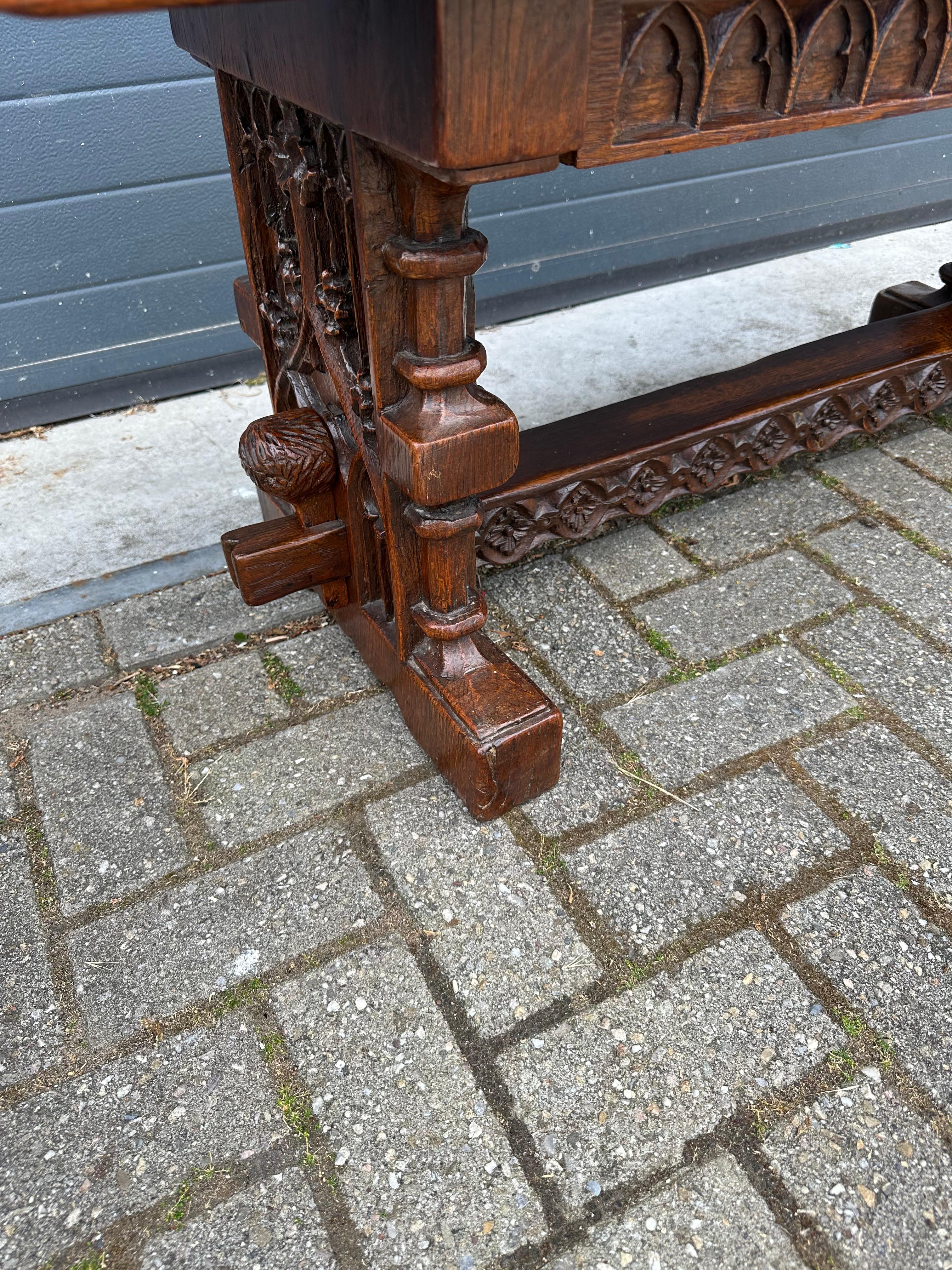 Sturdy Gothic Revival Hand Carved Oak Coffee Table or Side Table w. Great Patina For Sale 6