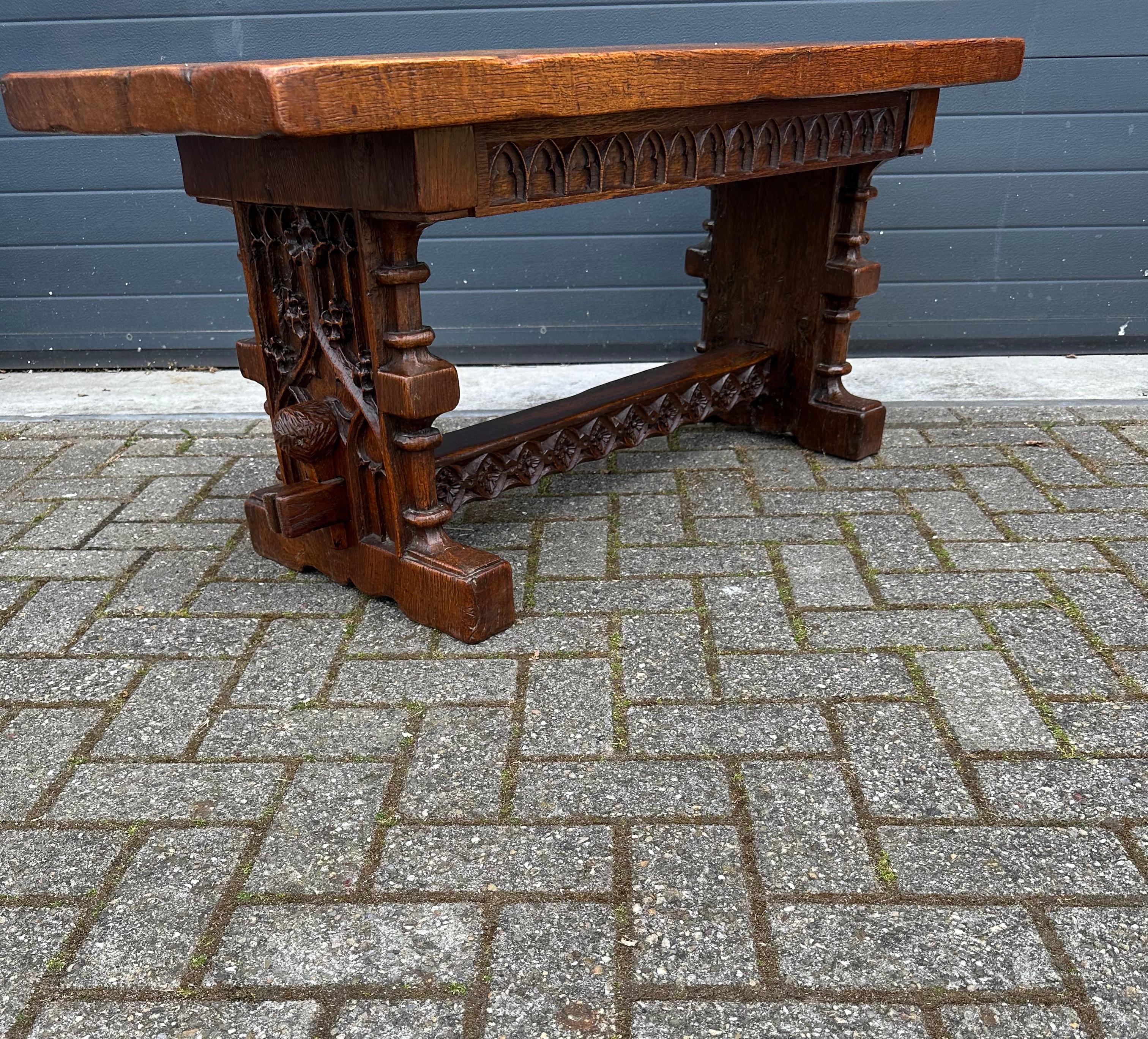 Sturdy Gothic Revival Hand Carved Oak Coffee Table or Side Table w. Great Patina For Sale 9