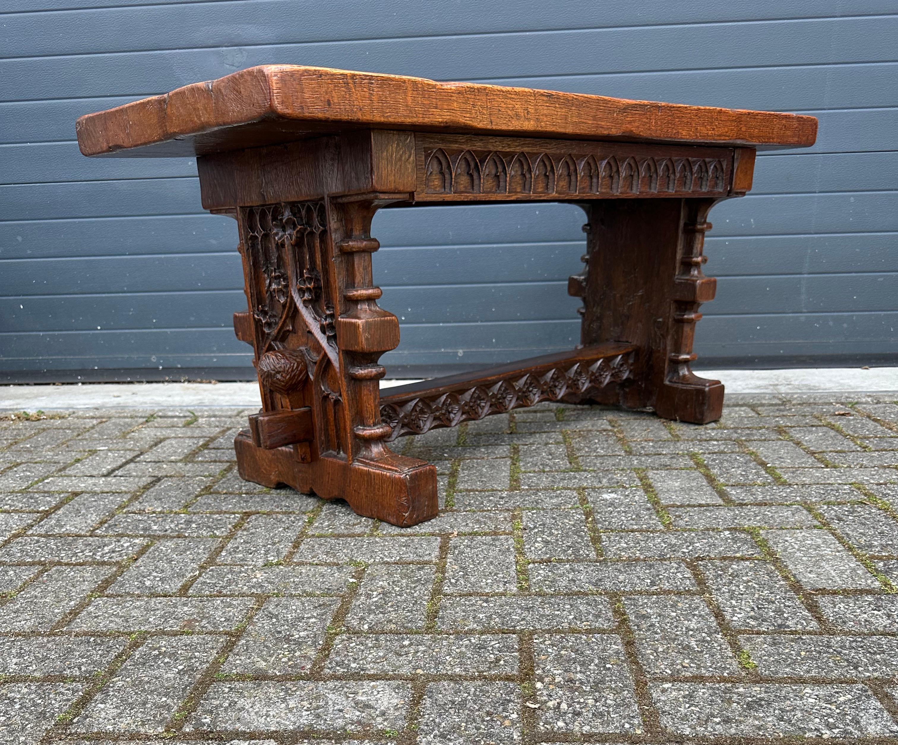 European Sturdy Gothic Revival Hand Carved Oak Coffee Table or Side Table w. Great Patina For Sale