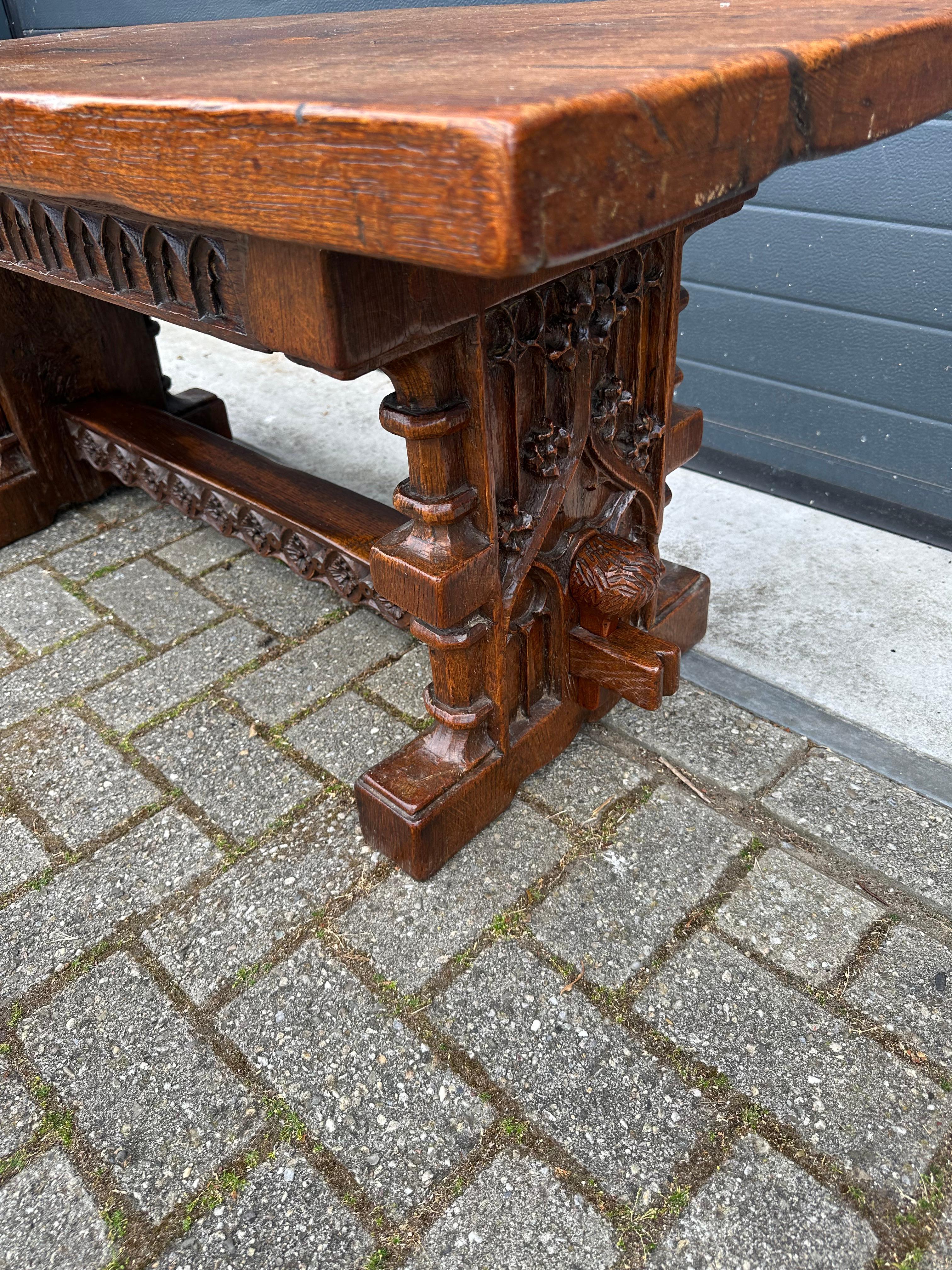 European Sturdy Gothic Revival Hand Carved Oak Coffee Table or Side Table w. Great Patina For Sale